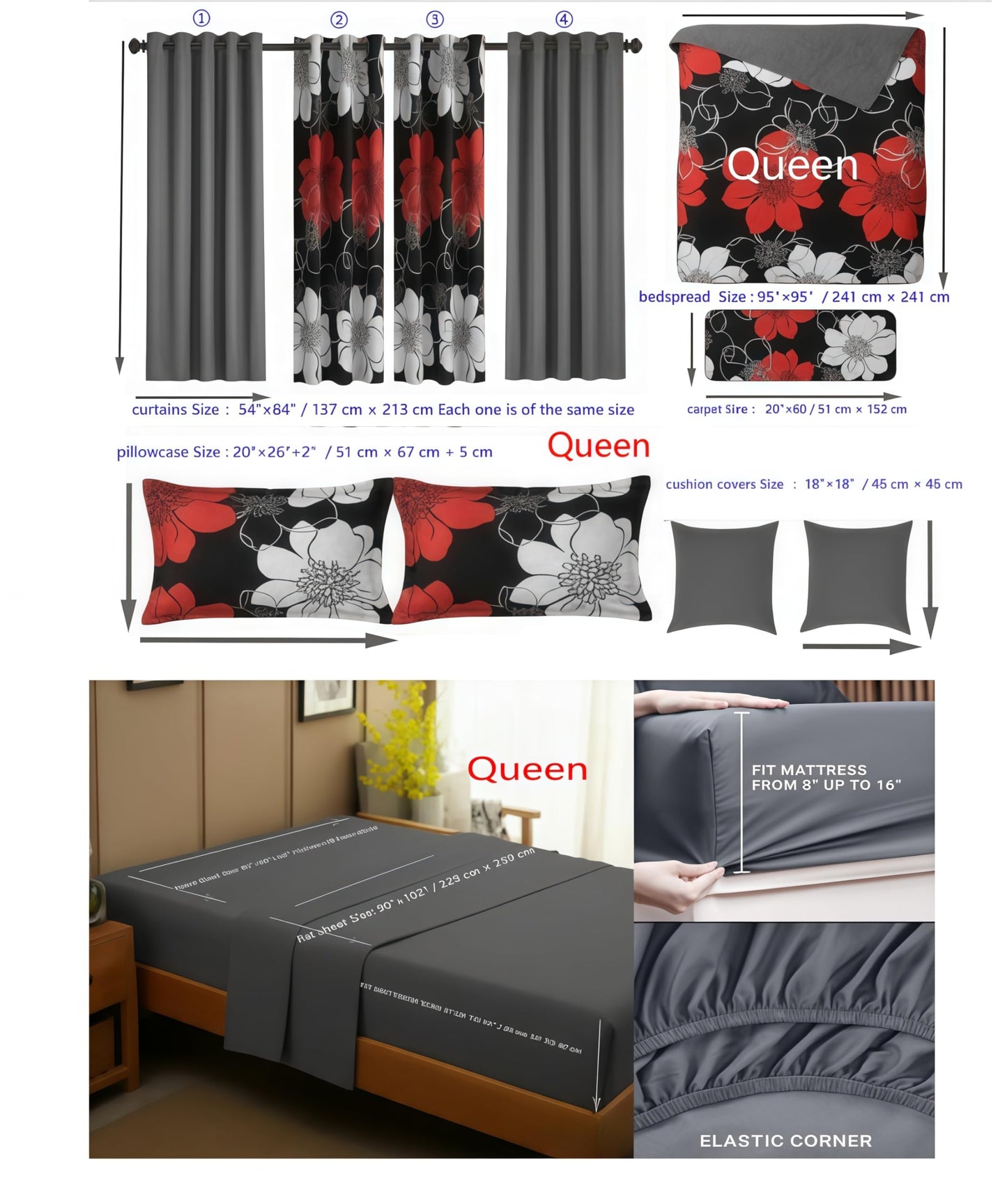 JKCCZLL Queen Size Quilt 12 Piece Set Floral Bedding with Matching Curtains Fitted Sheet Red Queen