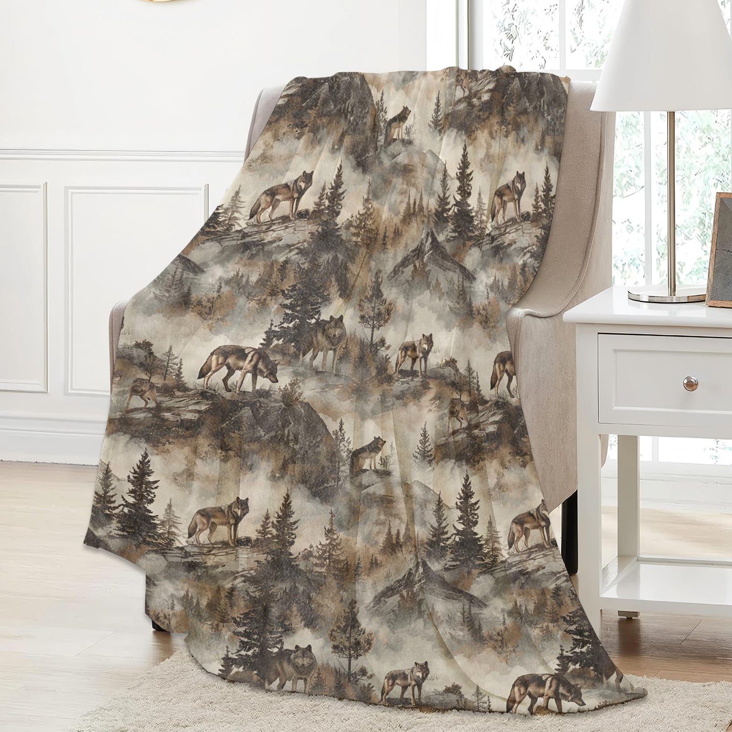 Aonimonis Wolf Mountain Forest Throw Blanket Gifts for Women, Soft Fuzzy Warm Cozy Flannel Blankets for Bedroom, Travel, Couch, Home Decor 50x60 in