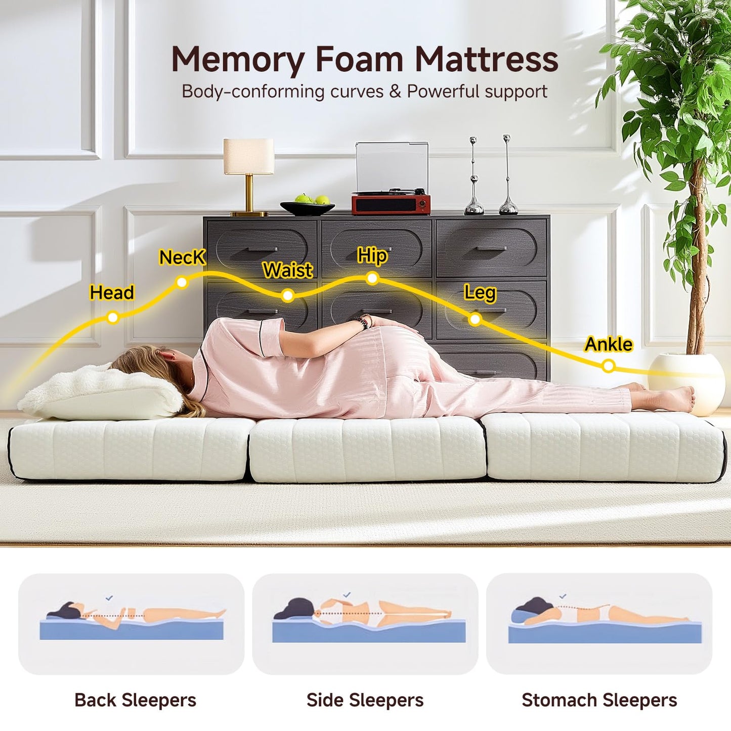 ROXGOX Foldable Mattress, Queen Tri-Fold Memory Foam Mattress Topper with Washable Cover, Handle & Non-Slip Bottom, 6 Inch Portable Folding Bed for Guest, Yoga, Living Room, Camping - 78"x58"x6"