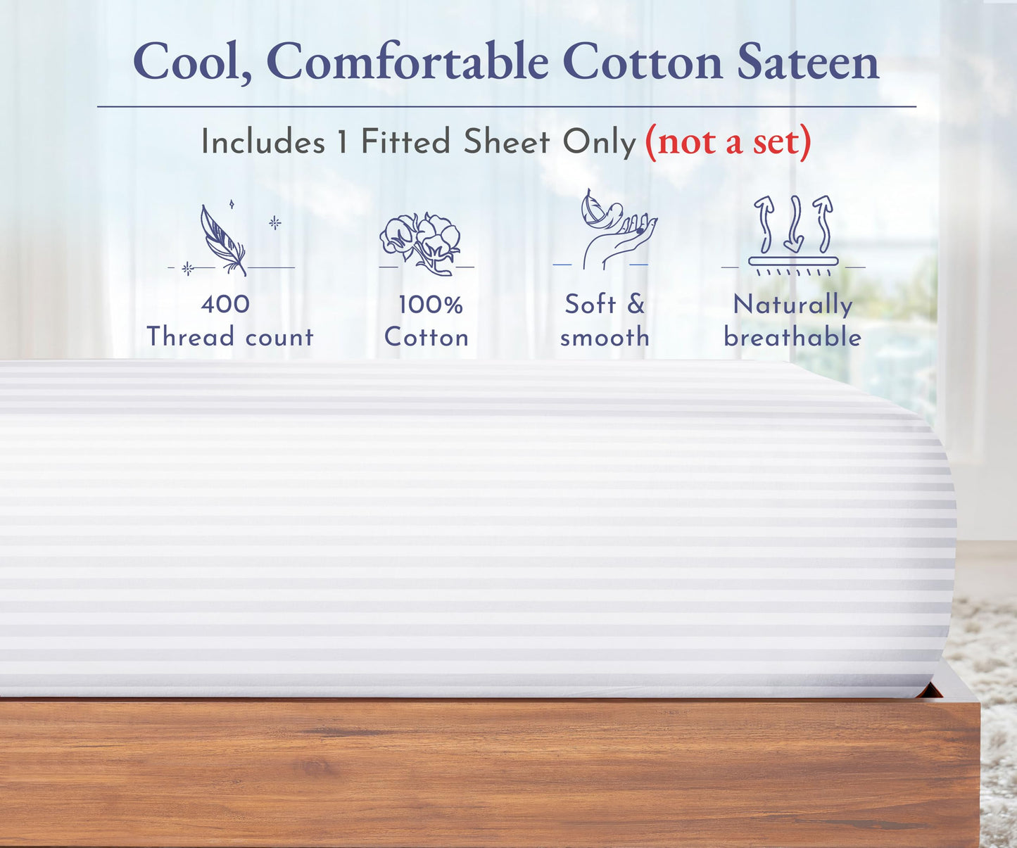 California Design Den King Fitted Sheet Only Deep Pocket - Soft 400 Thread Count Sateen, Natural 100% Cotton Fitted Sheet King, No-Pop Off Elastic, Durable - Striped White