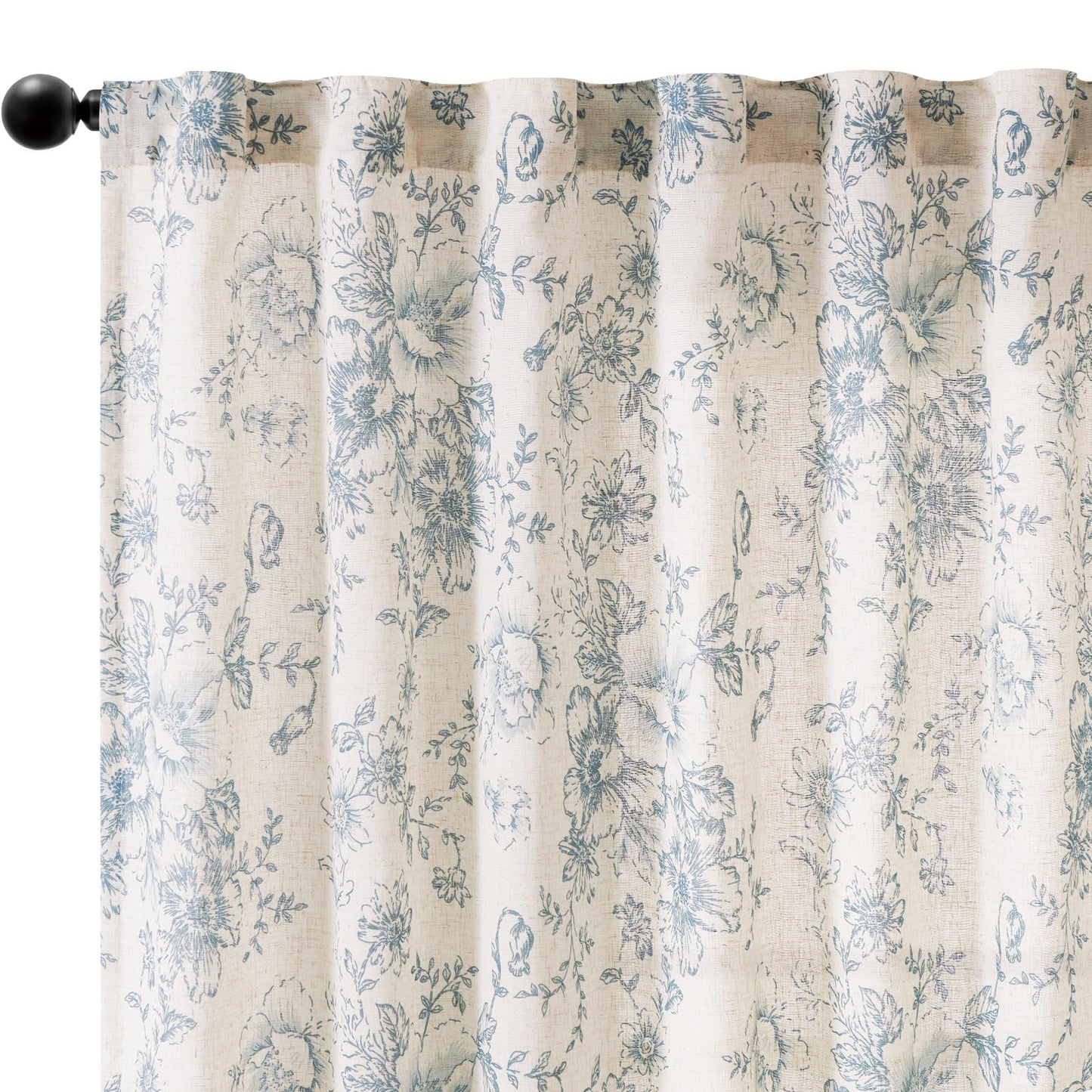 jinchan Linen Blend Curtain Floral Curtains for Living Room 84 Inch Length Blue Printed Curtain Rod Pocket Back Tab Farmhouse Peony Flower Patterned Drapes Bedroom Window Curtains Set 2 Panels