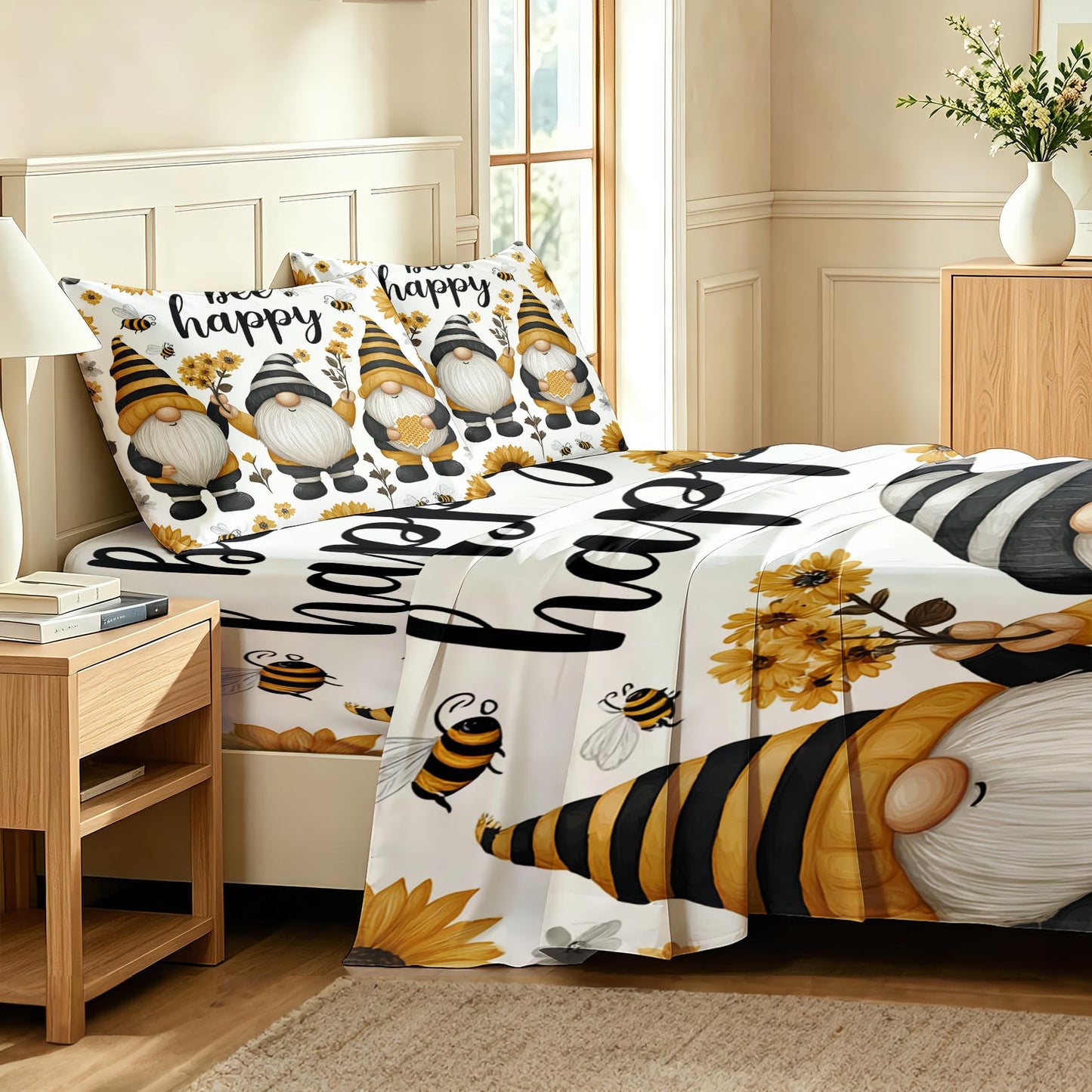 Gnome Bee Sheet Set, 3 Pcs Twin Size Kids Happy Bed Sheets, Yellow