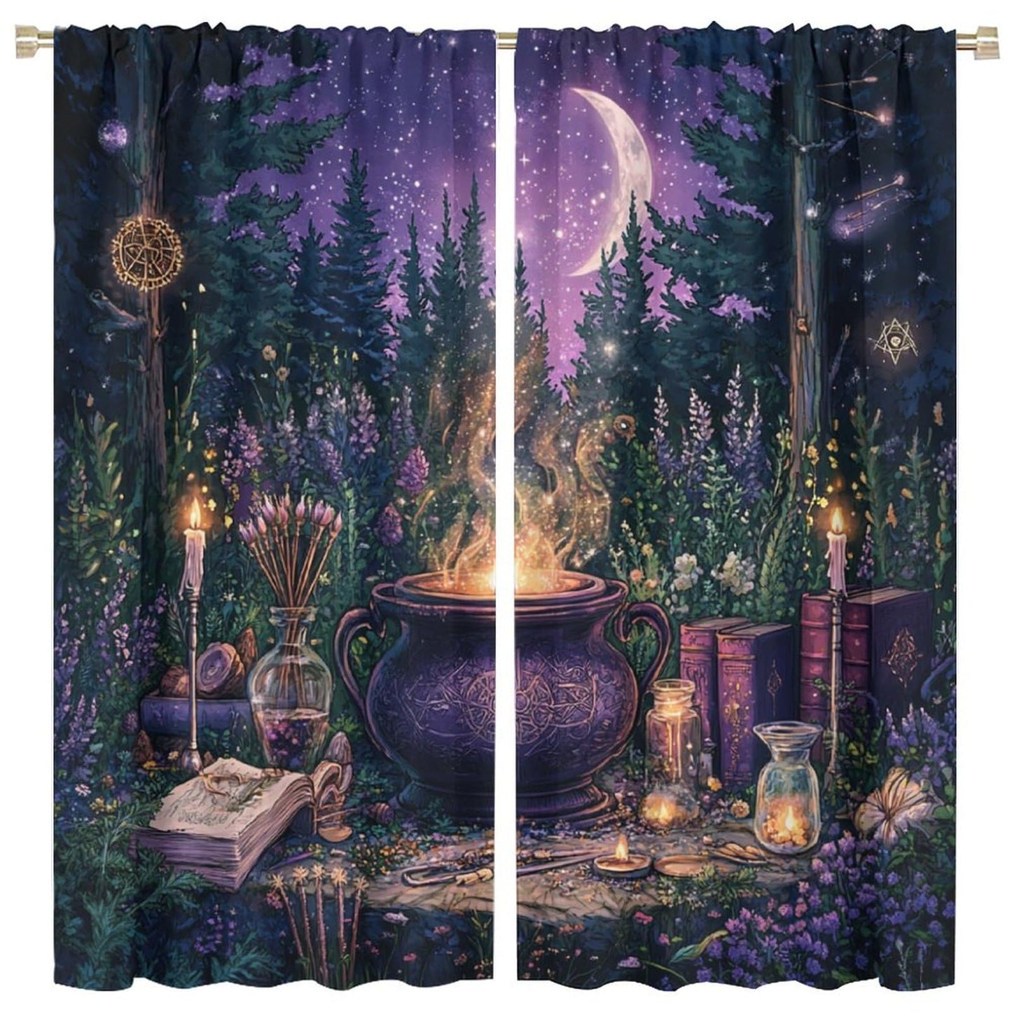 DIPQIMI Fantasy Flower Forest Blackout Curtains for Bedroom/Living Room, Magic Potion Moon Curtains Rod Pocket Thermal Insulated Window Drapes, 42W x 84L, 2 Panels