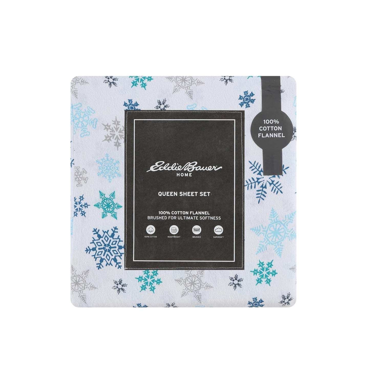 Eddie Bauer - Flannel Sheets Queen Size, Anti-Pilling & Wrinkle Resistant Cotton, Touchably Soft for All-Season Comfort - Bed Sheets with Matching Pillowcases & Fitted Sheet (Tossed Snowflake Blue)