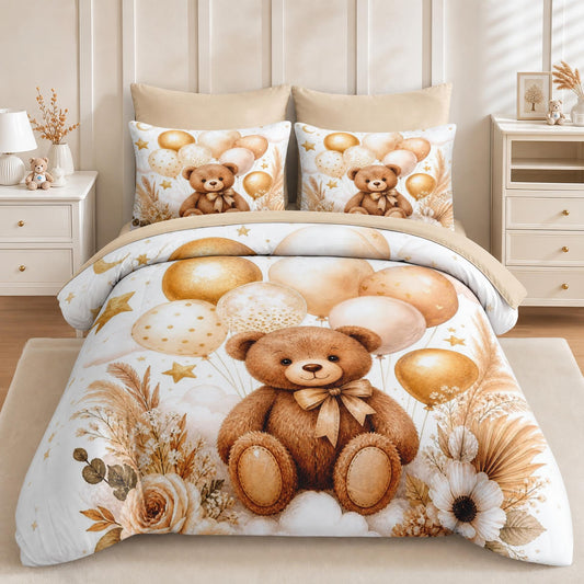Boewywh Comforter Set Twin Size Boho Bear Birthday 5 Pcs, Bedding for Kids and Adults, Bed Sheet Sets with Fitted Sheet Pillowcase & Sham for Bedroom Bed Decor