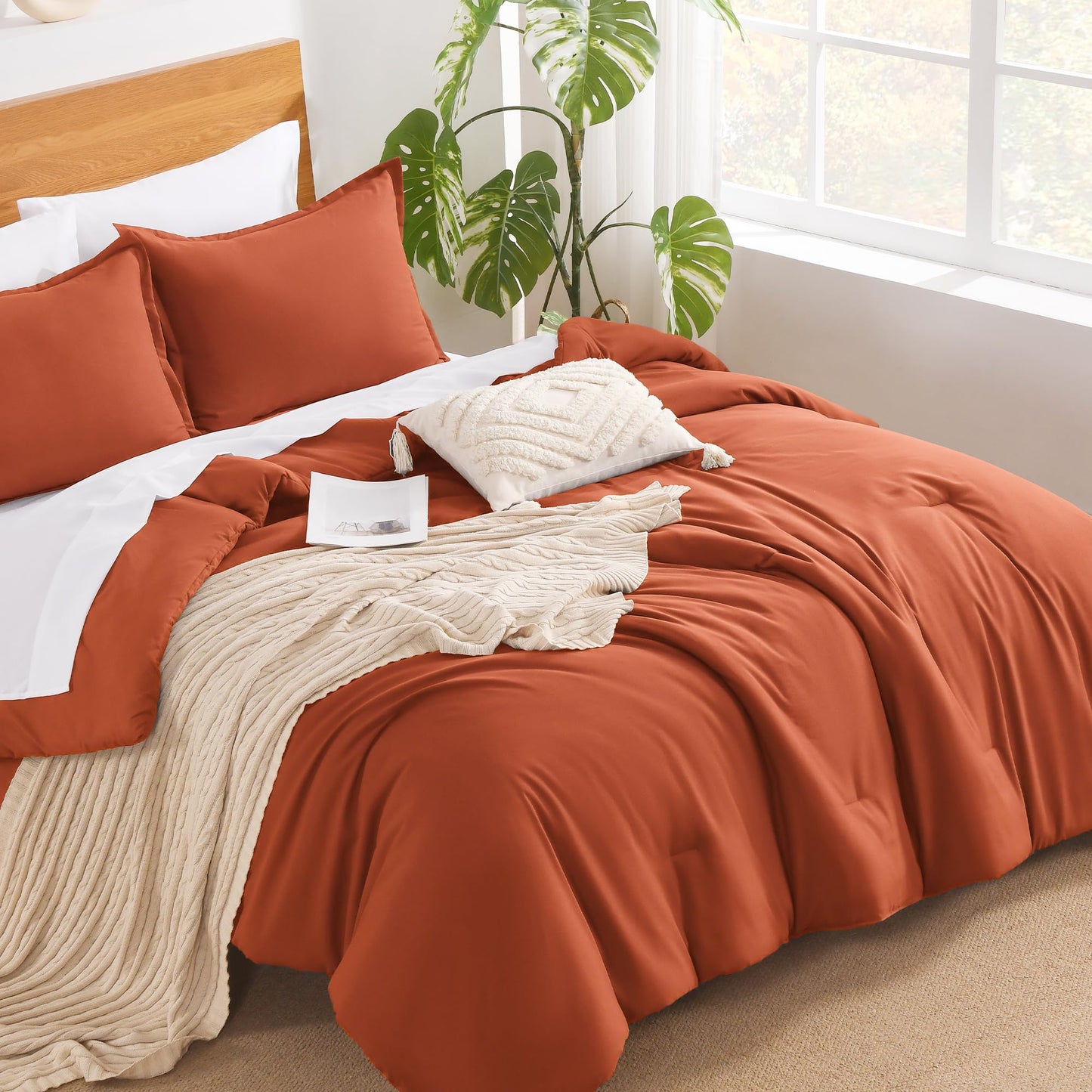 Andency Burnt Orange California King Comforter Set - 7 Pieces Terracotta Bed in a Bag Cal King Bedding Comforter Sets, Summer Solid Soft Lightweight Comforter with Sheets, Pillowcases & Shams
