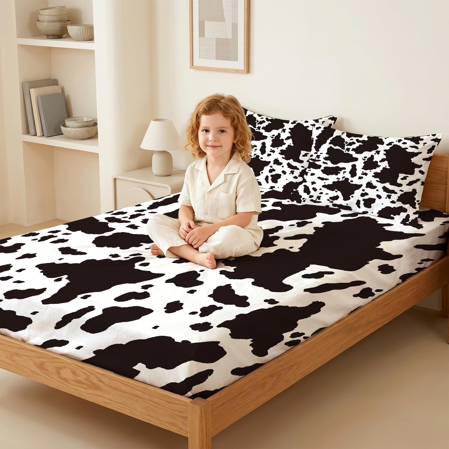 VTKON Cow Print Fitted Sheet Set Farmhouse Bed Set Twin for Boys and Grils, Cottage Milk Sheets Set with Deep Pocket, Cute Cow Bed Set with 1 Flat Sheet, 1 Fitted Sheet and 1 Pillowcase