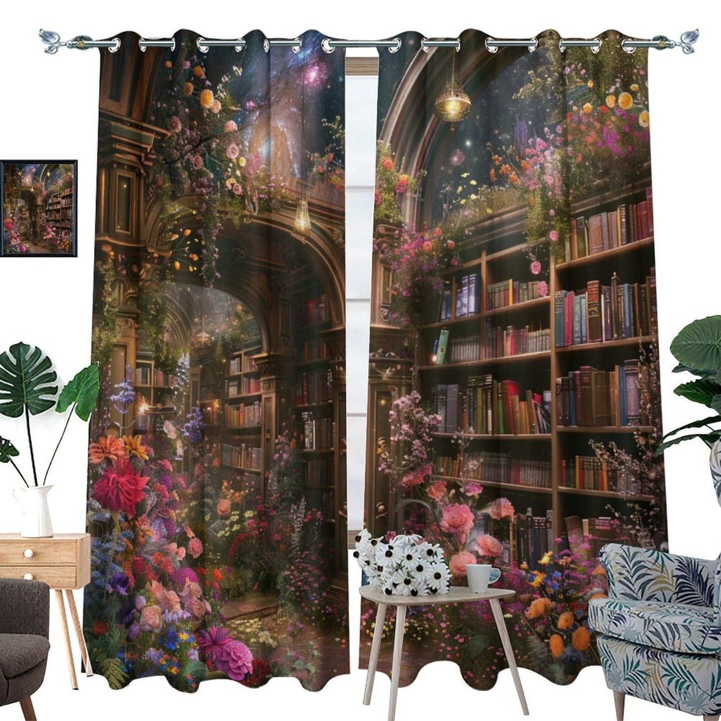 HDESDIS Floral Bookshelf Blackout Curtains for Bedroom Living Room, Colorful Star Galaxy Library Thermal Insulated Curtains Window Drapes with Grommet, 21W x 45L, 2 Panels