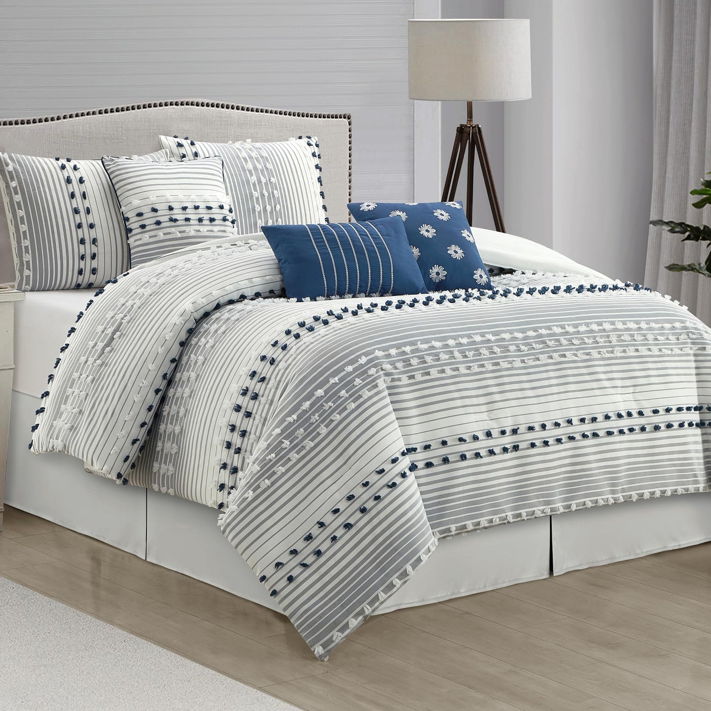 LANCO MODERN LIFESTYLE California King Comforter Set, Blue, Jaquard Clip Striped Design, Elegant Soft 7 Pieces Bedding Set for All Seasons, Matching Bedskirt, Pillow Shams and Decor Pillows