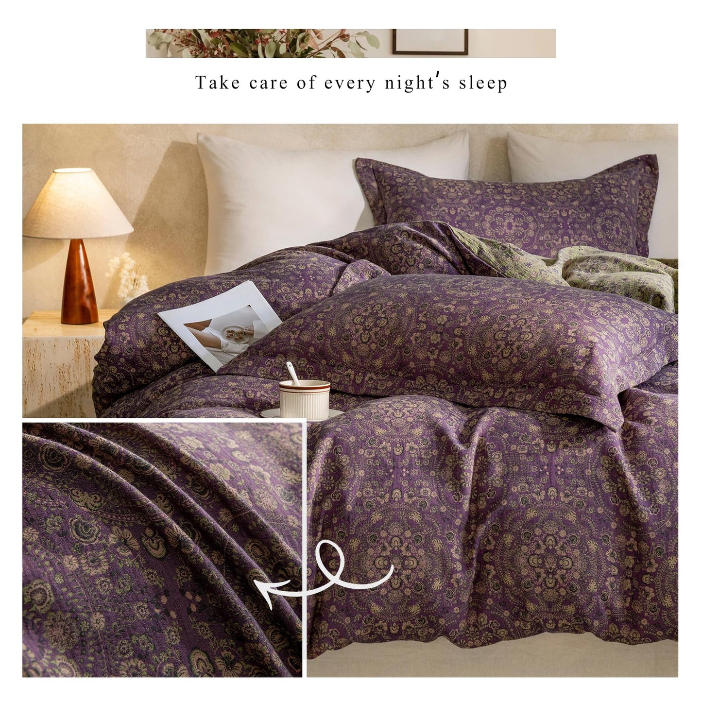 VM VOUGEMARKET Purple Green Duvet Cover Queen,3 Pieces Retro Boho Medallion Jacquard Flower Bedding Set,Linen Cotton Yarn-Dyed Textured Duvet Cover with Zipper Closure