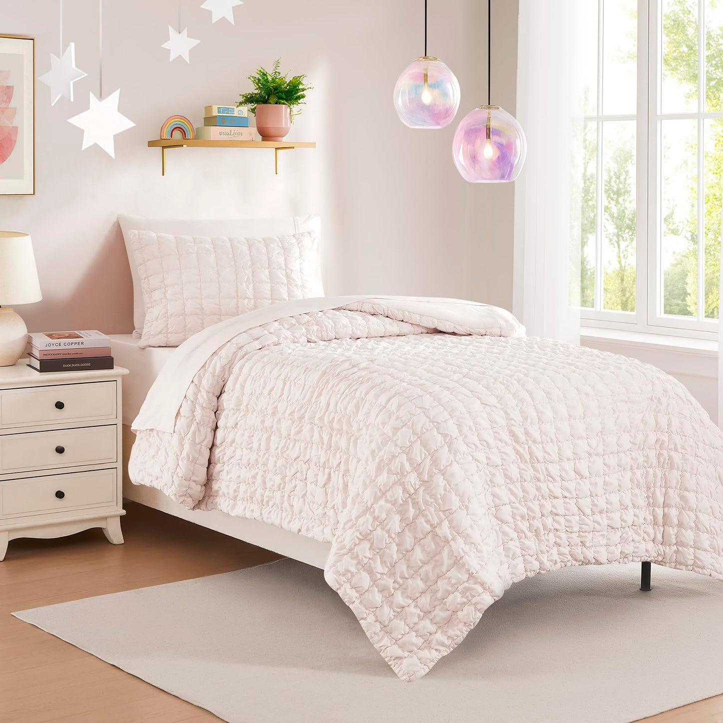 Kids Twin Size Bed in a Bag Tufted Comforter & Sheet Set – Complete Bedding Set with Corner Strap Fitted Sheet, Ultra Soft Lightweight All Season Comforter, Girls Bedroom, Dorm, Guest Room