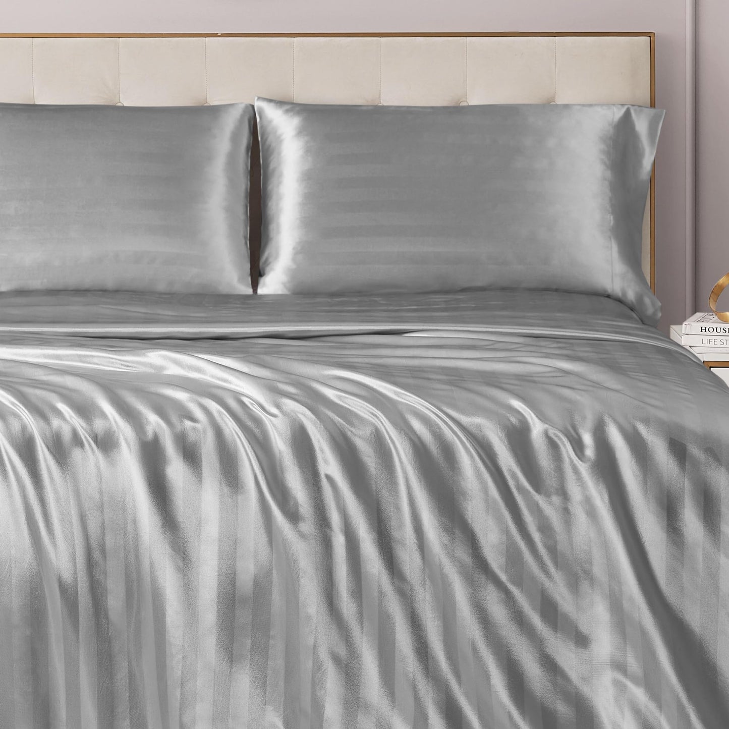 Juicy Couture Silky Satin Damask Sheet Set - Luxury Grey Bedding - Smooth Striped Sheets - Full Size