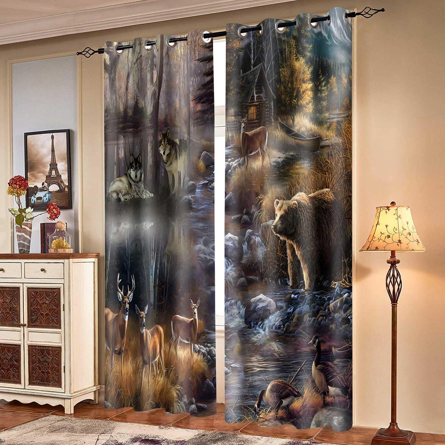 MIZSYE Rustic Lodge Curtains Wildlife Wolf Bear Elk Duck Country Style Blackout Curtain Forest River Nature Landscape Zoo Window Treatments for Bedroom Living Room 2 Panel 52x84inch CLDWMS0281