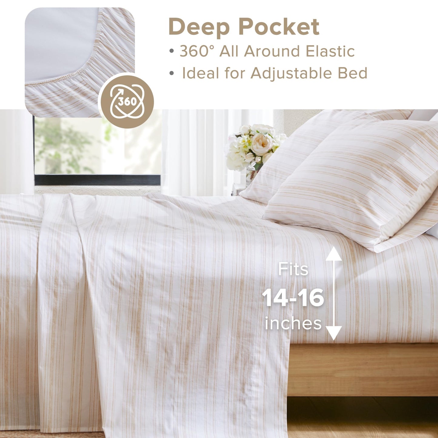 Comfort Spaces 100% Cotton Sheets Cal King, Breathable, Naturally Cool Cotton Sheets, Cotton Bed Sheets with 14" Elastic Pocket Fits up to 16" Mattress, All Seasons Sheet Set, Good Vibes Taupe 4 Piece