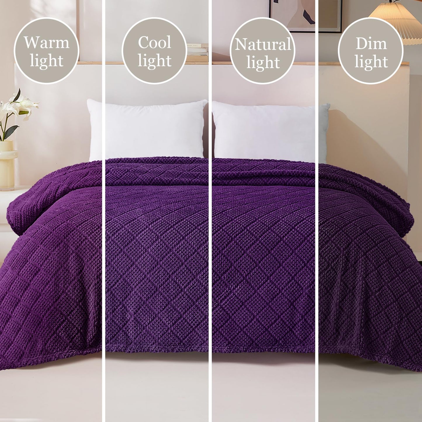 Whale Flotilla Fuzzy Fleece King Size Blanket for Bed, Soft Fluffy Jacquard Waffle Blankets for All Season, Lightweight and Cozy, 90x104 Inch, Purple
