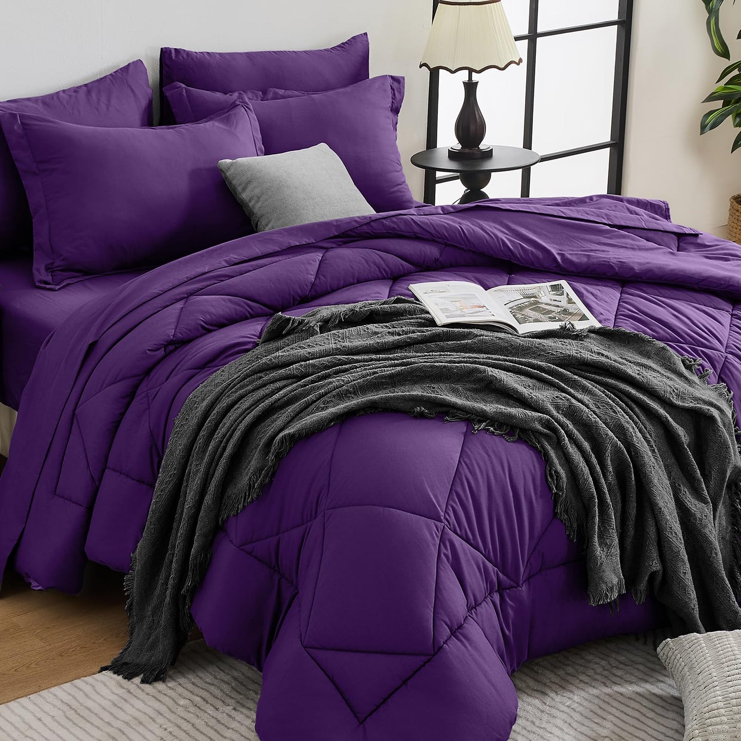HEVUMYI Purple Queen Comforter Set - 7-Piece All Season Bed in a Bag Queen, Ultra Soft Bedding Set with Comforter, Flat Sheet, Fitted Sheet, Pillowcases, Pillow Shams