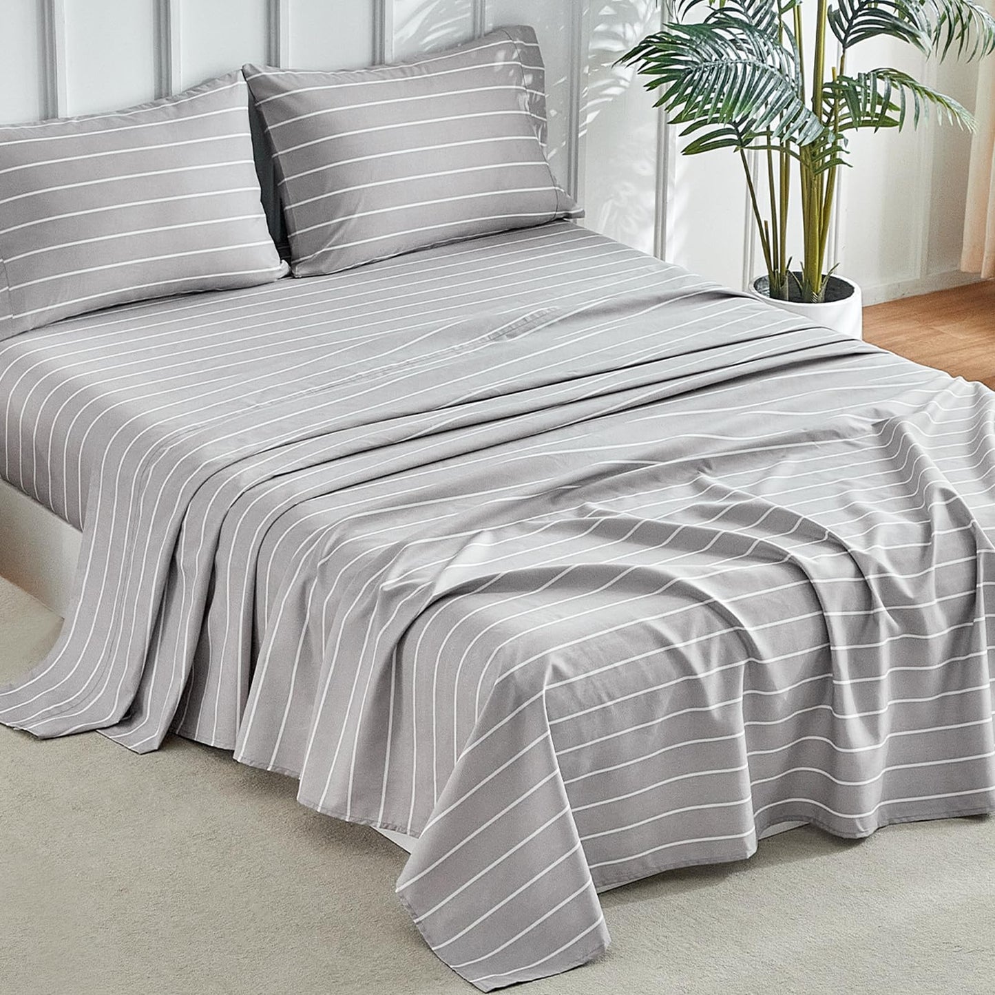 Tokokimo Gray Stripe Sheets Set King Size, 16 inches Deep Pocket Fitted Sheet, Flat Sheet & Envelope Closure Pillowcases, Soft Breathable Microfiber Sheet Set 4-Piece, Gray and White