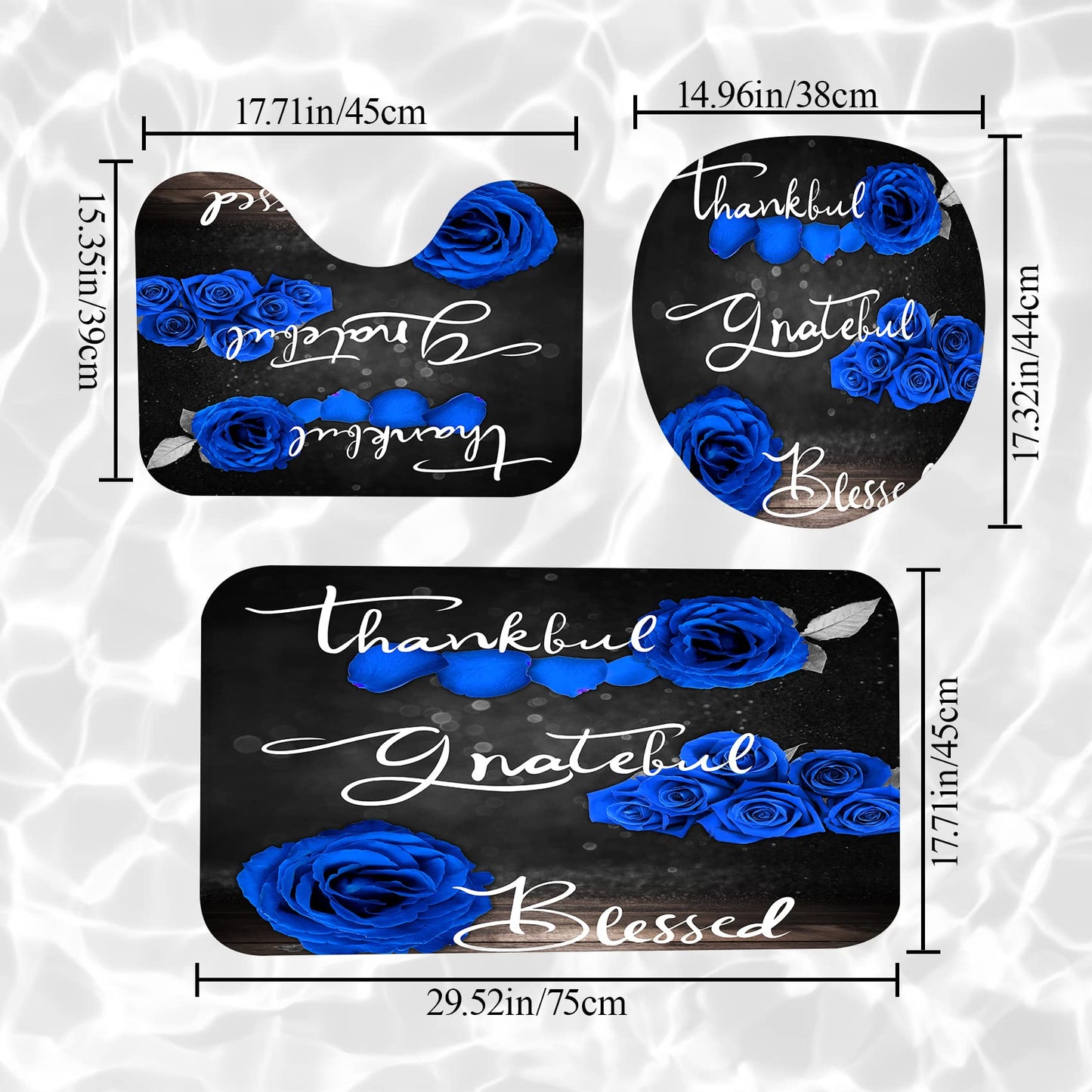 4Pcs Blue Rose Shower Curtain Set, Thankful Grateful Blessed Bathroom Curtain with Non-Slip Rug, Toilet Lid Cover, Bath Mat and 12 Hooks, Romantic Royal Blue Floral Wedding Decor for Bath, 72 x 72 in