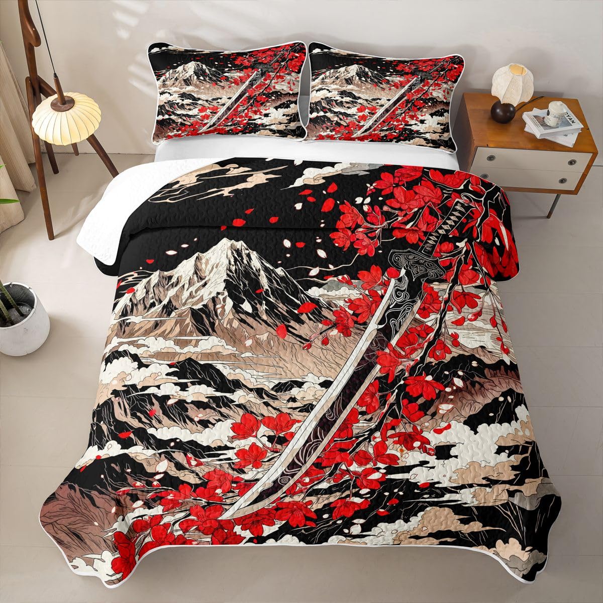 Erosebridal Japanese Style Quilts Twin Size - Red Japanese Cherry Blossoms Bedspread Coverlet Set, Mount Fuji Quilt Coverlets 2Pcs (Only 1 Pillowcase)