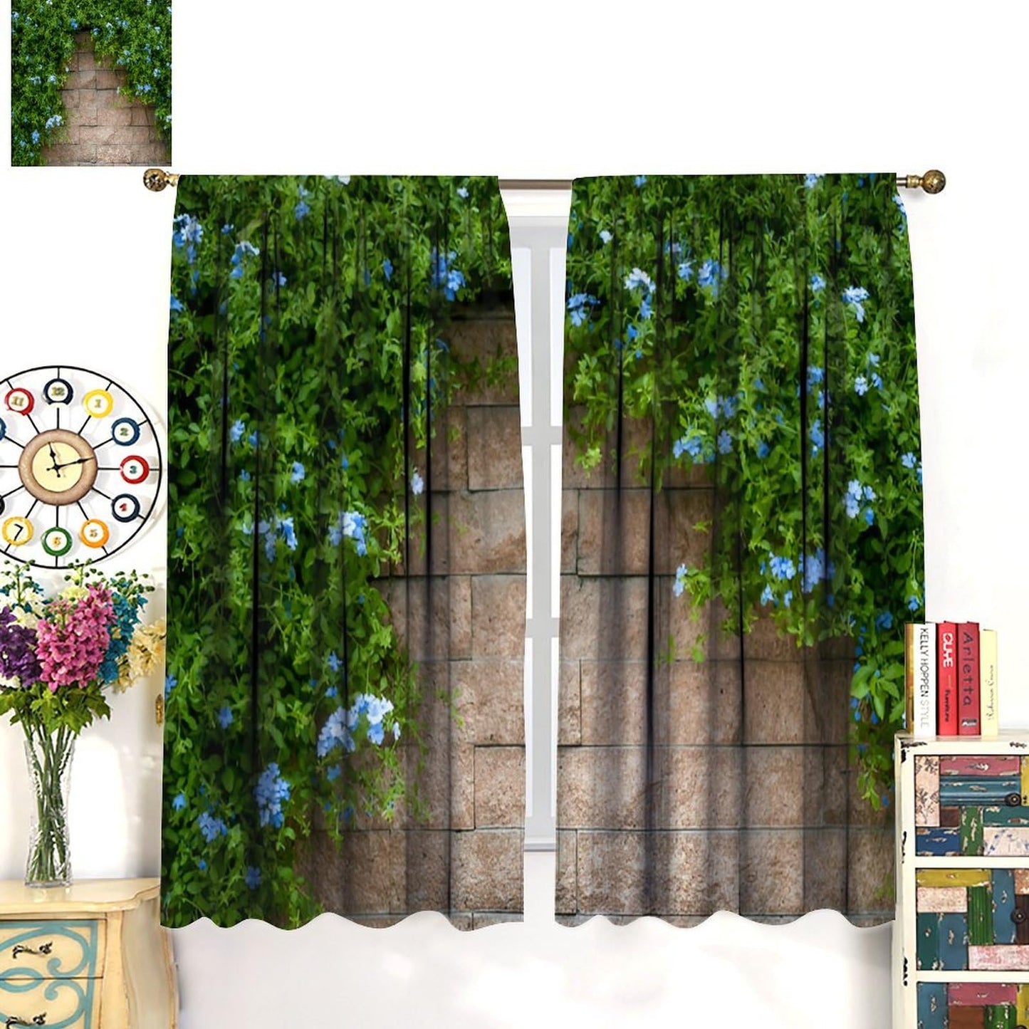 Stone Brick Wall Blackout Curtain,Retro Rocks Stone Wall Green Leaves Nature Scenery Rod Pocket Drapes Treatments Window Curtains for Kitchen Living Room Office Cafe Decor 21"W x 45"L (Pack of 2)