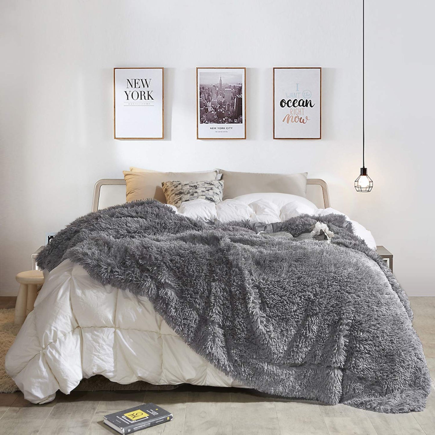YOH Warm Shaggy Sherpa Reversible Throw Blanket, Fluffy Soft Long Hair Fuzzy Faux Fur Grey Blanket for Man and Woman Couch Bed Sofa Photo Props Home Decorative Throws, (60x50 Inches) Grey