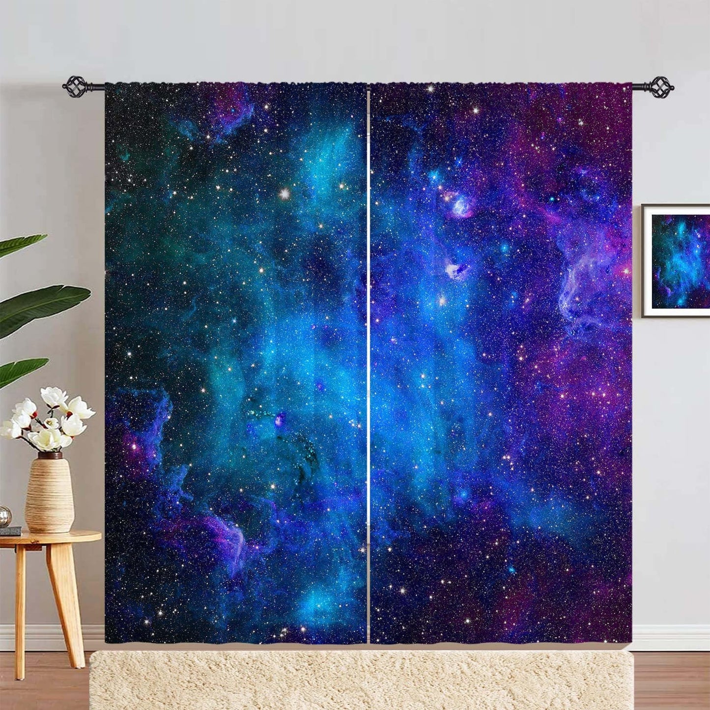 YUANZU Kids Galaxy Curtains W42 x L63 Inch Space Blue Nebula Star Constellation Planet Universe Starry Stars Rod Pocket Print Pattern Window Drapes for Boys Girls Teen Bedroom Playroom 2 Panels