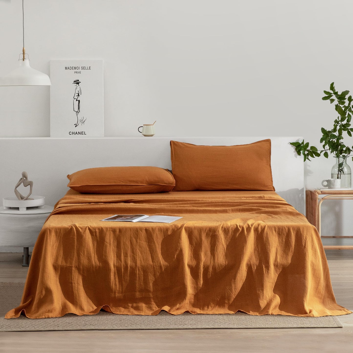 EVERLY Linen Sheets Set Twin Size,100% French Pure Linen Sheets Set,3Pieces (1Flat Sheet,1Fitted Sheet,1Pillowcase) Suitable for Hot Sleepers, Stonewash Deep Pocket Natural Bedding Set-Caramel