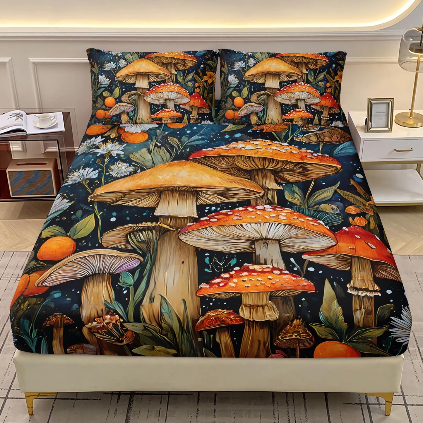 AILONEN Girls Cartoon Mushroom Fitted Sheet Set Twin Size - Nature Wild Fungus Fitted Sheet + 2 Pillowcases - Beautiful Mushroom Botanical Flowers Sheets Set 3-Piece