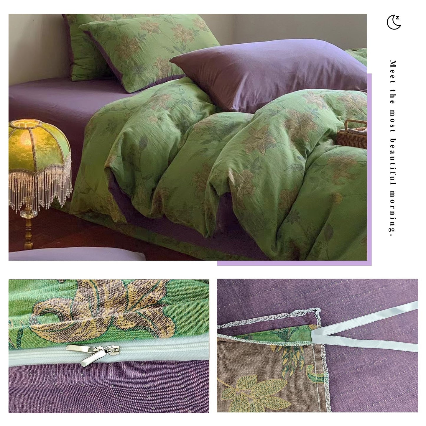 VM VOUGEMARKET Linen Cotton Jacquard Duvet Cover Queen,3 Pcs Yarn-Dyed Textured Duvet Cover Set Green Purple Floral Bedding Breathable, Natural Wrinkled Look-No Comforter