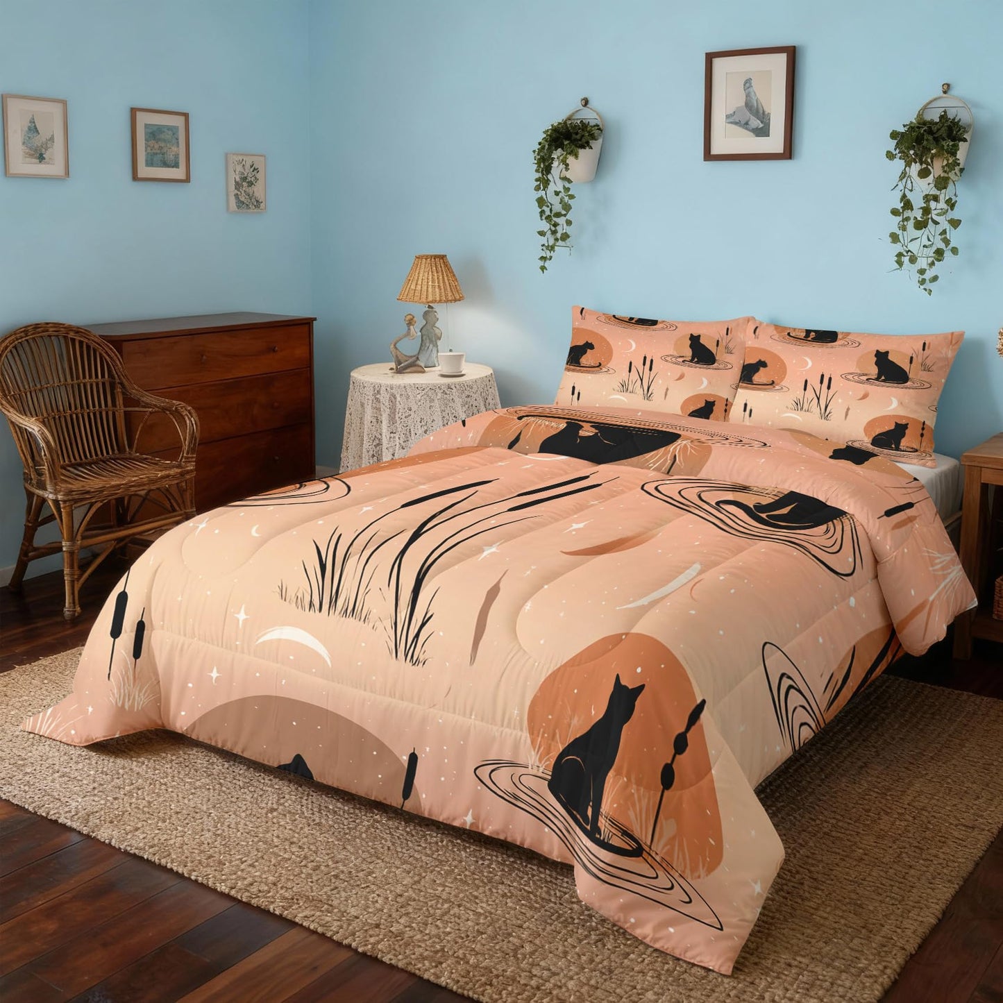 TANCAPRIUM Black Cat Comforter Set Twin - Boho Moon Bedding Set & 2 Pilow Cases for All Season - Soft Reversible Down Alternative 3 Piece. Witchy Bedrom Decor
