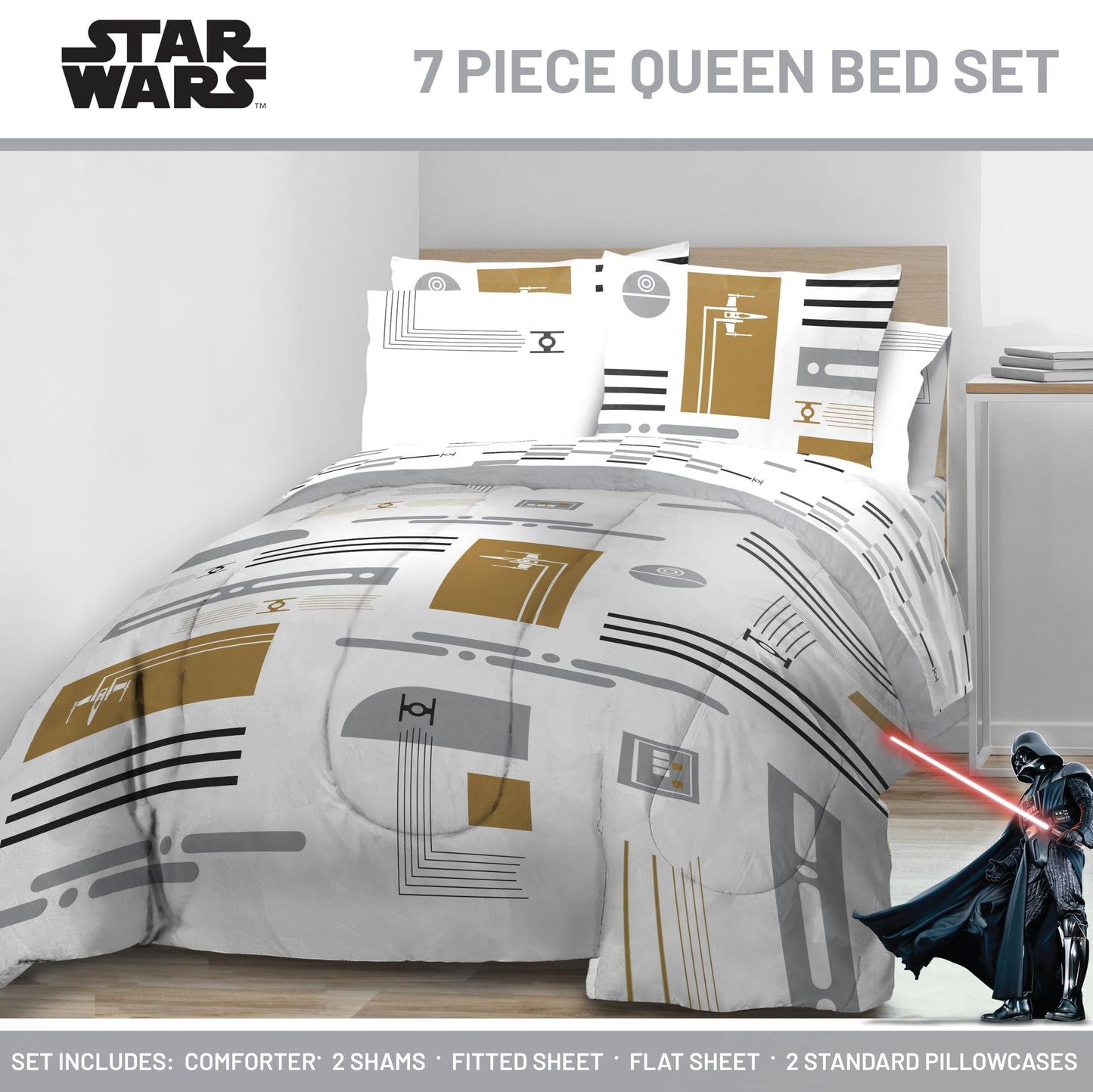 Jay Franco Comforter Set Includes Sheets and Pillow Covers - Soft and Cozy Bed Set for Stylish Room Decor, White - Star Wars, 7 Piece Queen Bedding