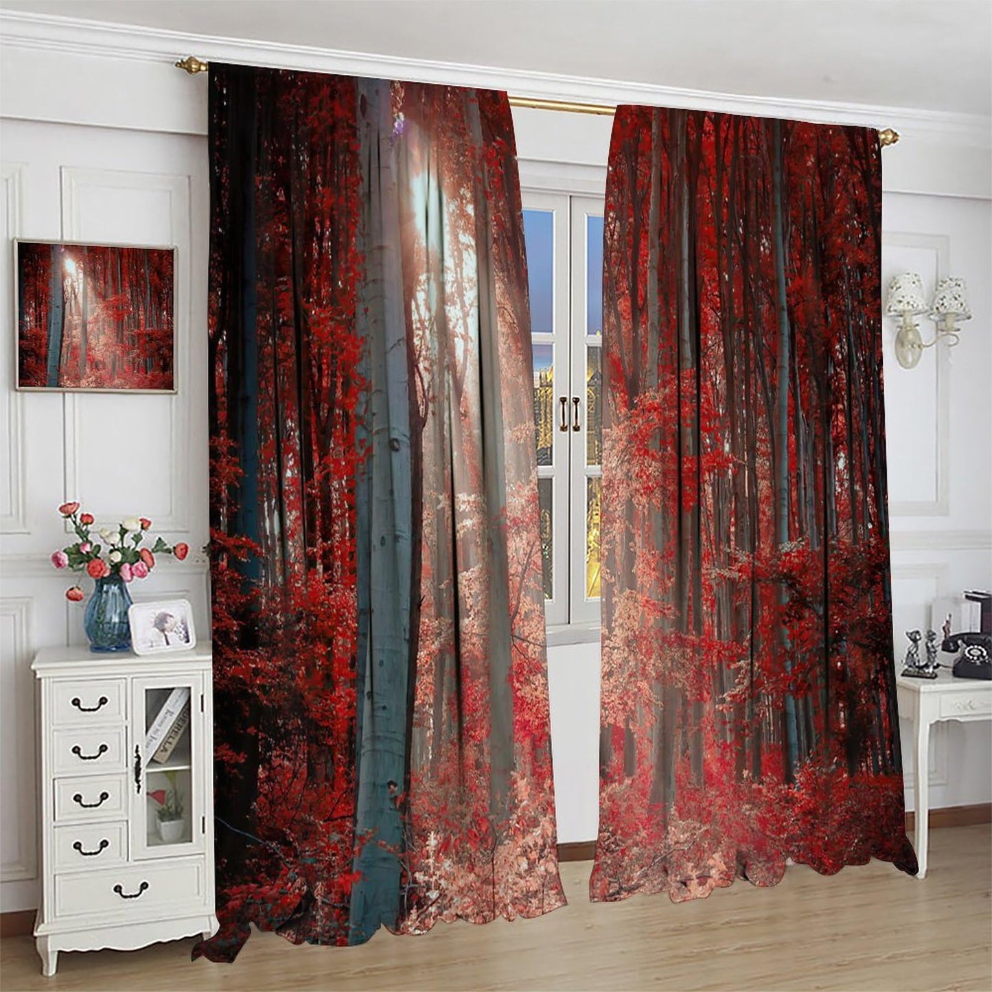 ICMOLYYENLO Natural Landscape Blackout Curtains, Forest Sunset Maple Leaf Lawn Woodland Pattern Printed Curtains for Bedroom Living Room Insulation Curtains 42x44 Inches