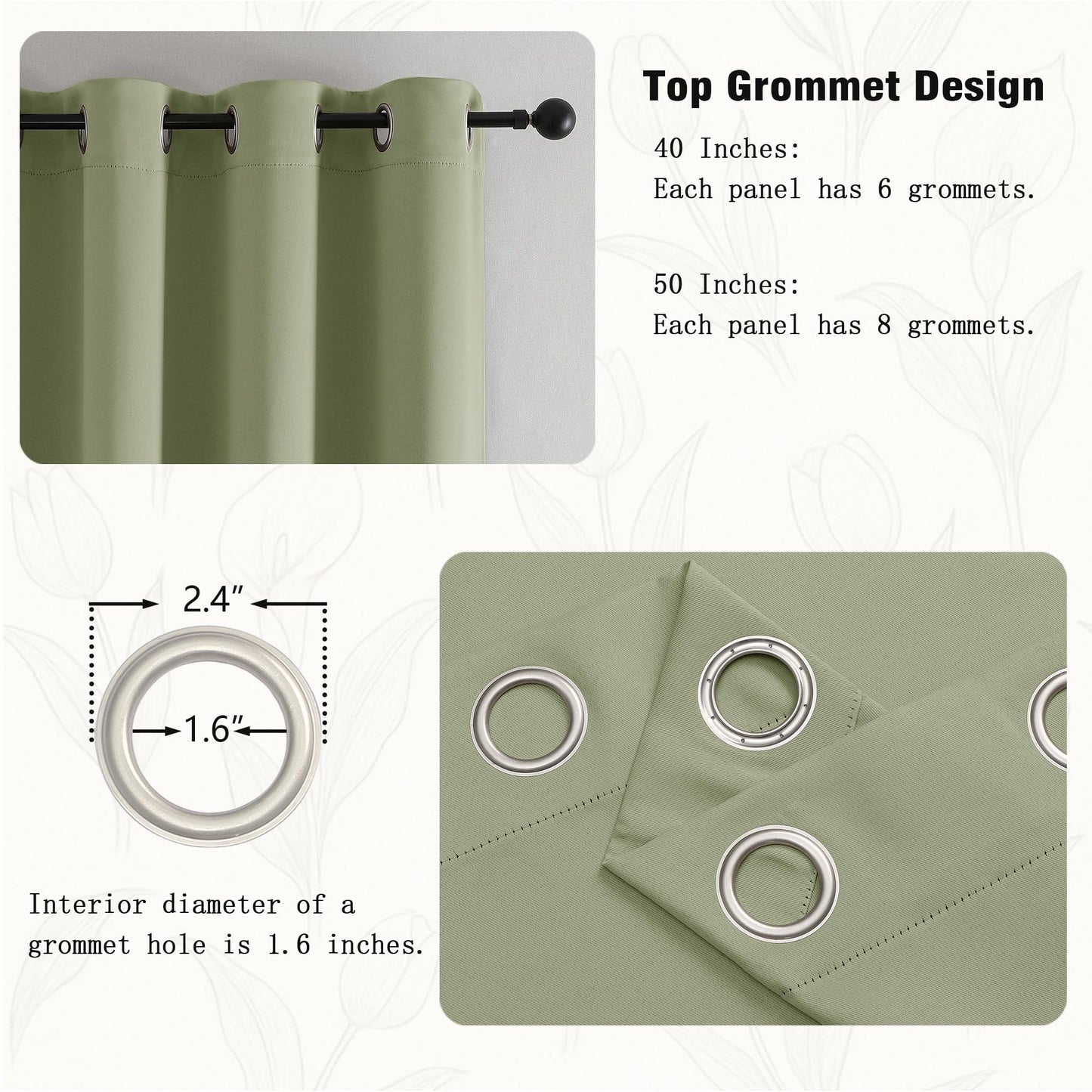 Simplebrand Sage Green Room Darkening Curtains for Bedroom 63 Inch Length 2 Panels Set, Thermal Insulated Energy Saving Curtains for Kids Room, Grommet Solid Nursery Window Treatment Drapes, W40 x L63