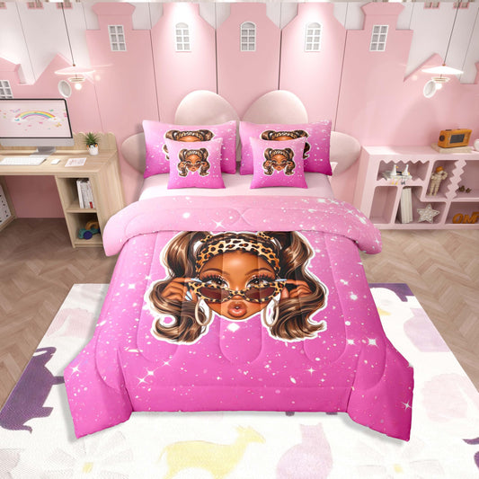 Erosebridal Cute Black Girl Twin Size Bedding Set Cool Y2K Girl 7 Pieces Comforter Set with Sheets for Teens Women Fashion Leopard Print Bed in a Bag Girly Sparkling Decor Bed Sets