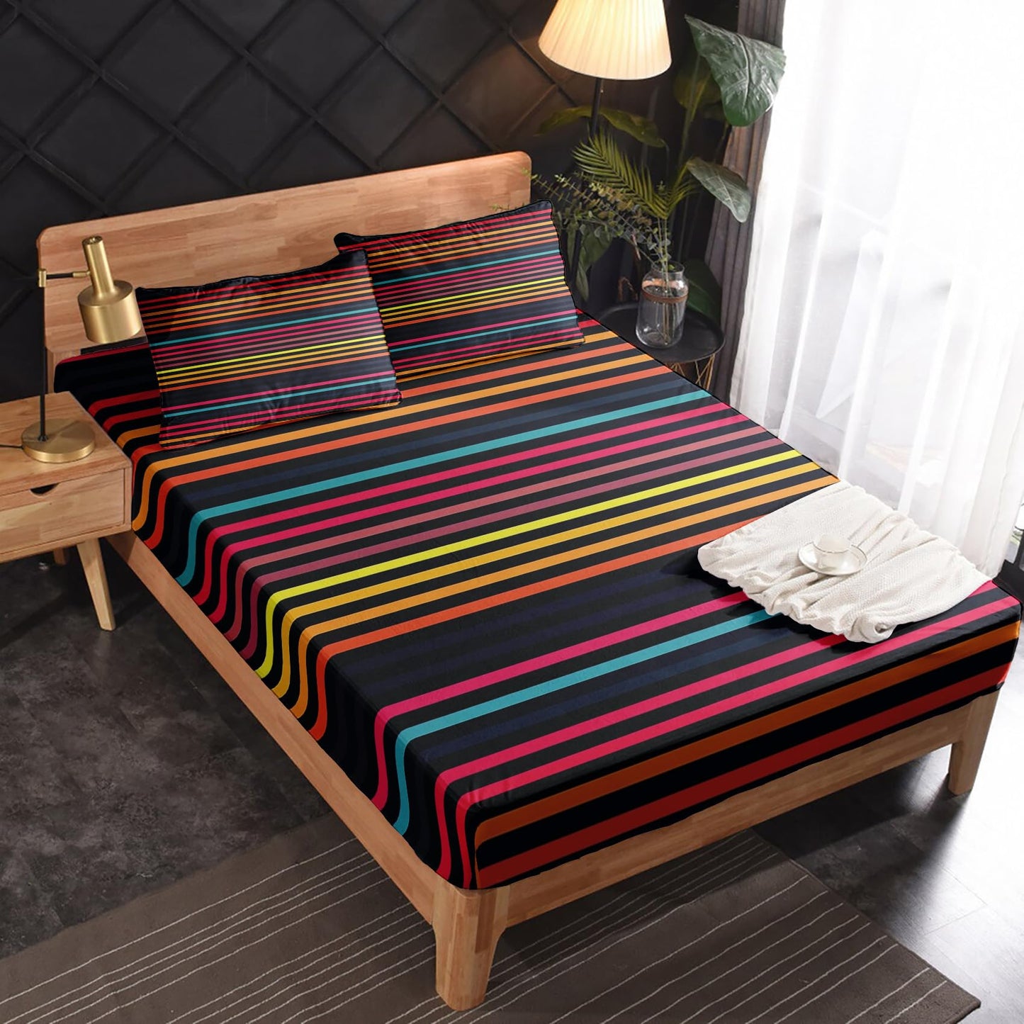 zcsm Striped Sheets Queen Size - Colorful Stripe Bed Sheets, Soft Microfiber & Deep Pocket & Wrinkle Free Patterned Bedding Sheets & Pillowcases, 1 Fitted Sheet, 1 Flat Sheet, 2 Pillow Cases