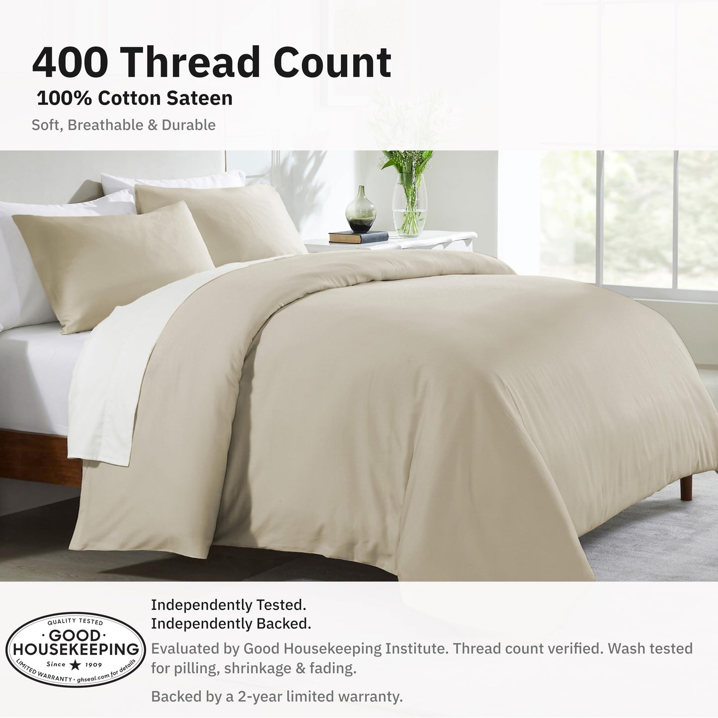 California Design Den 3 Pc 100% Cotton Duvet Cover Set Queen Size/Full Size - Winner Good Housekeeping Best Bedding Awards 2025, 400 Thread Count Sateen, Soft and Durable - Beige