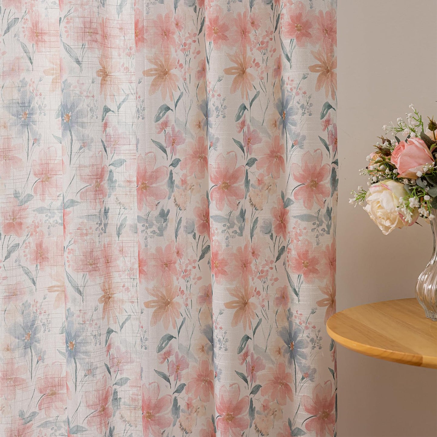 SUOUO Red Floral Semi Sheer Curtains Linen Textured for Living Room 84 inches Long Rod Pocket Print Grey Blue Leaf Window Drapes for Bedroom 2 Panels