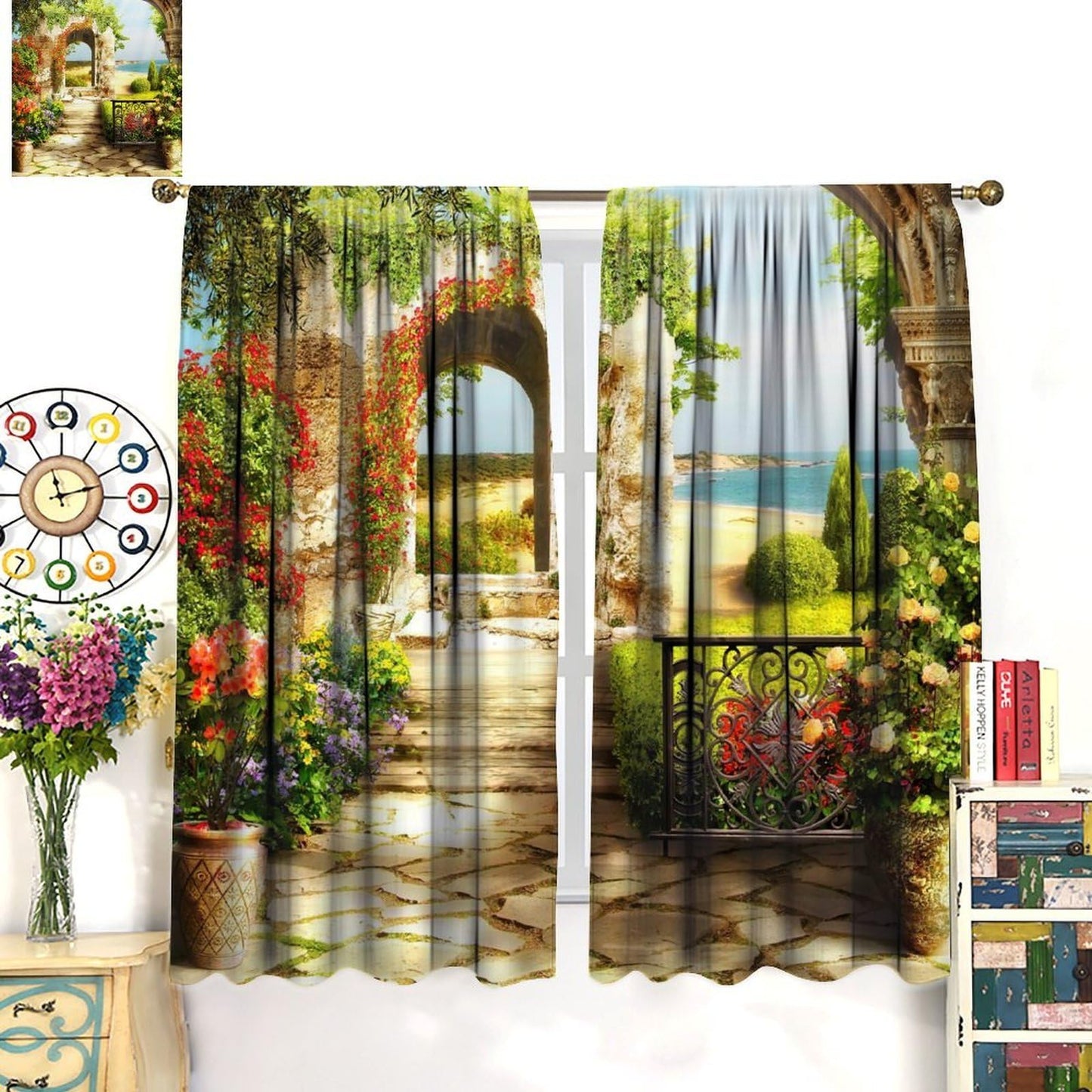 AuiMzoo Beautiful Landscape Decor Curtains, Old Stone Arch Seaview Balcony Garden Botanical Art Theme for Bedroom Living Room Curtains42X45 Inch