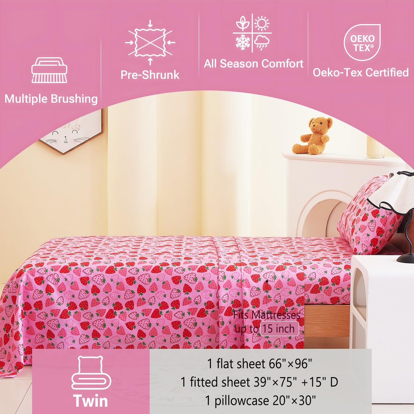 Softan Kids Bed Sheet Set, 3-Piece Twin Sheets Set, Microfiber Fitted Sheet with Corner Straps, Breathable & Silky Soft Pink Heart Strawberry Pattern Sheet and Pillowcase Sets
