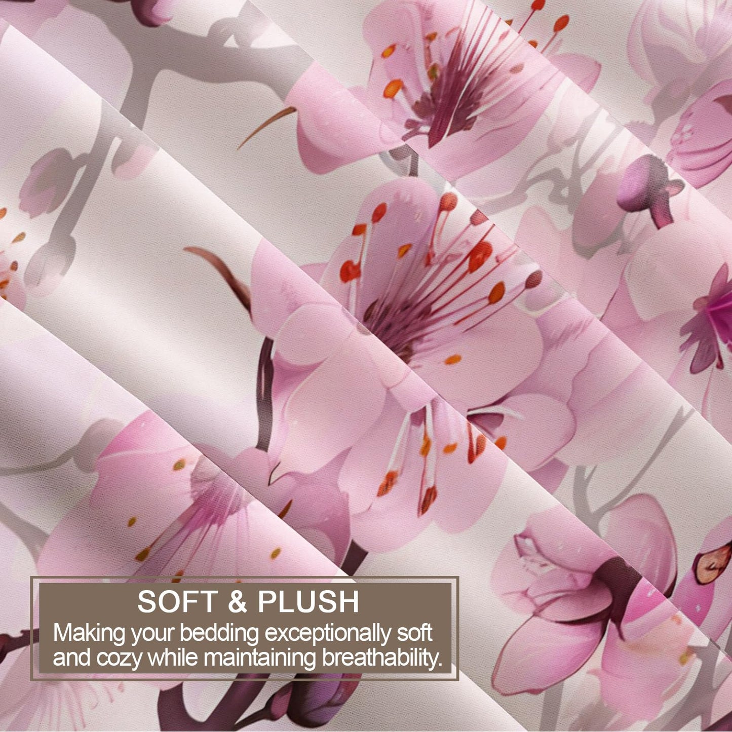 QINYUN Pink Floral Duvet Cover Oversized King, Cherry Blossoms Bedding Set 3 Piece, Girl Pink Flowers Duvet Cover with Zipper & Ties, 2 Pillowcases