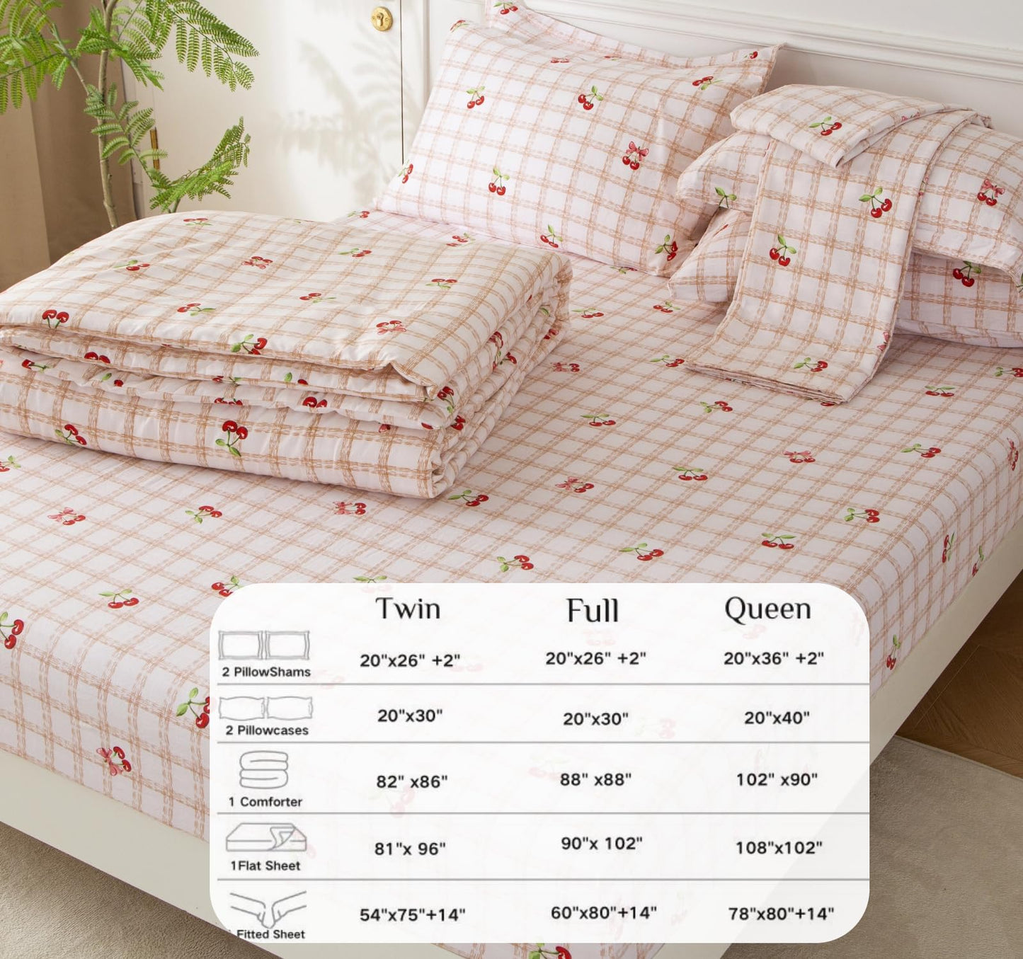 SDY 7PCS Pink Cherry Plaid Comforter and Sheet Set Twin Size, Gingam Bedding for Man Woman Adult Set Includes 1*Comforter,1* Flat Sheet, 1*Fitted Sheet,2*Pillowcases and 2*PillowcaseShams