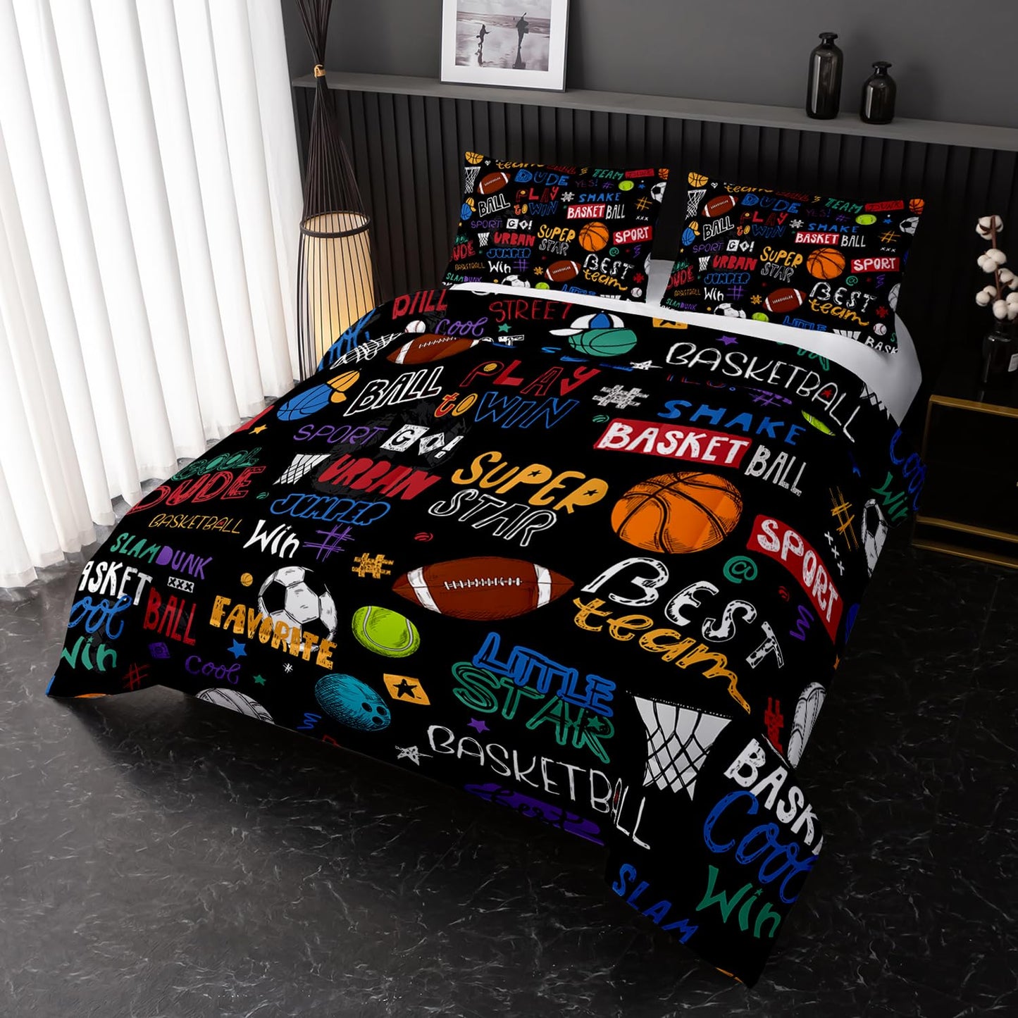 Nttopship Sports Ball Twin Comforter Set,Football Rugby Basketball Bedding Set for Kids Boys Girls Youth Ball Sports Themed Bedroom Decor Bedding Set 3 Pcs Bed in A Bag (1 Comforter, 2 Pillow Case)