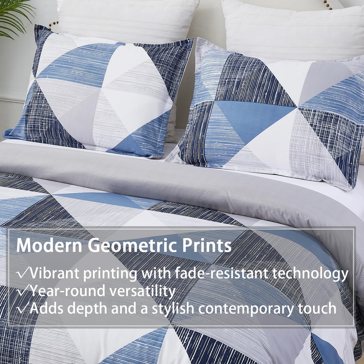 Vaulia Soft Microfiber Duvet Cover Set Queen, Modern Blue Geometric Print Pattern Design All Season, 3-Piece Set with 1 Duvet Cover 2 Pillow Shams