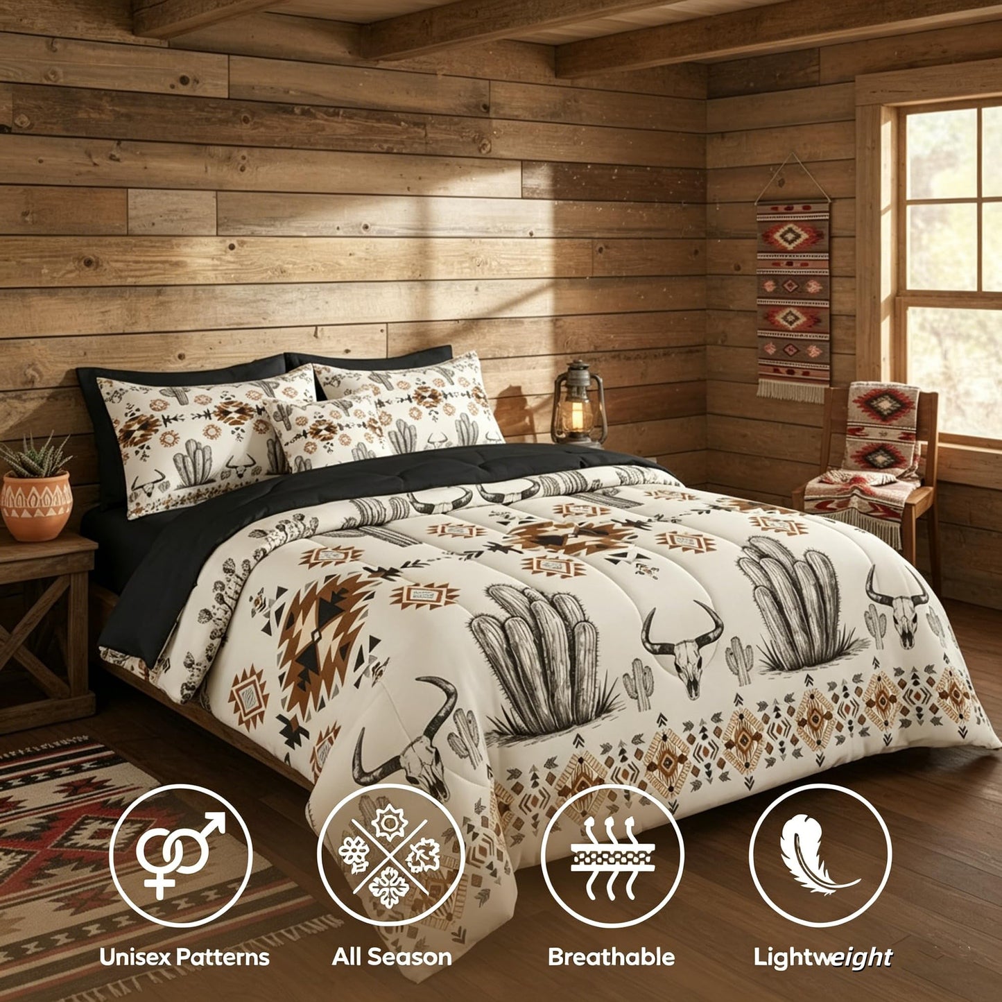 Erosebridal Western Aztec Bedding Set King Rustic Country Southwestern Comforter Set 7 Piece Boho Tribal Geometric Ethnic Bull Skull Bed in A Bag Vintage Native American Quilt with Flat Fitted Sheet