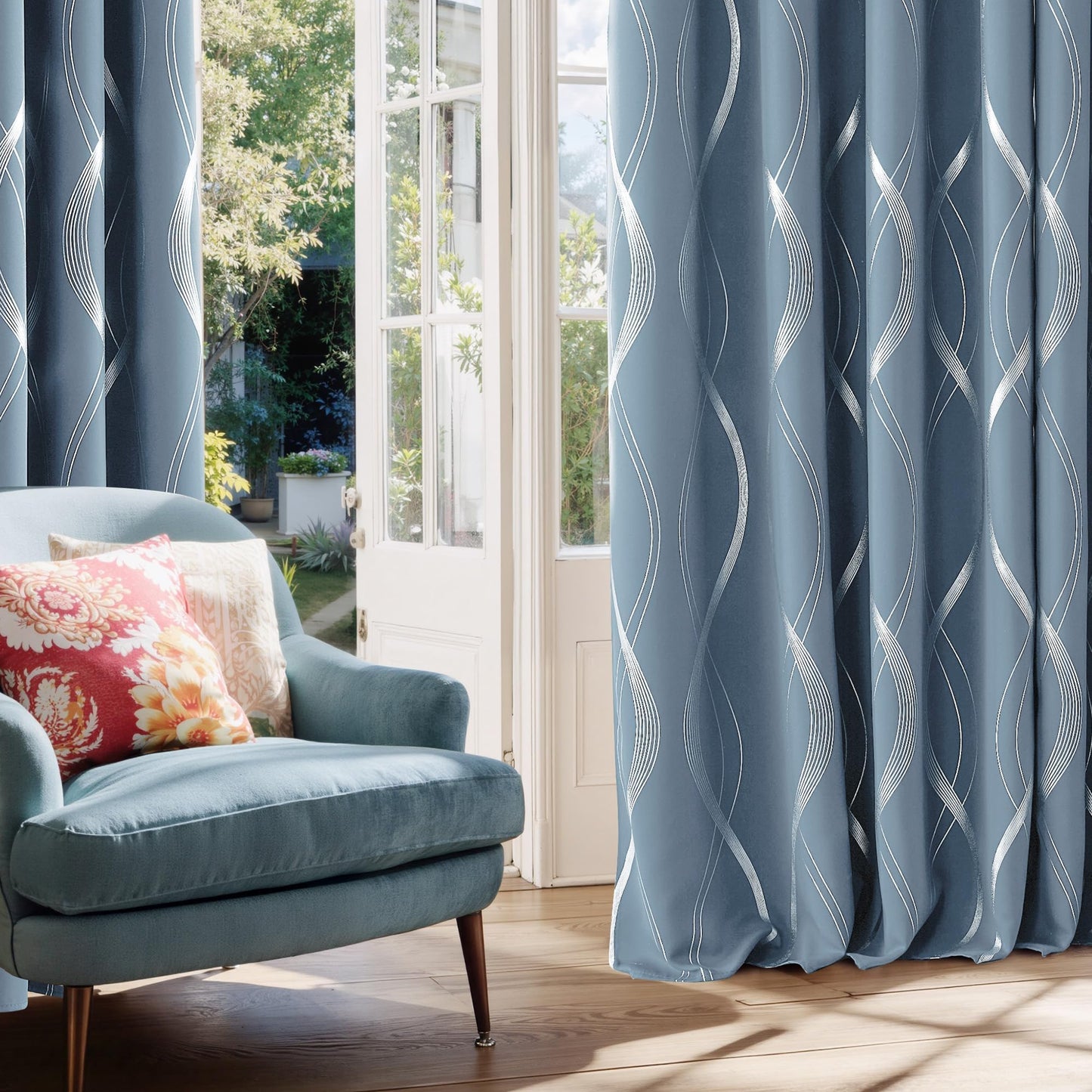 NICETOWN Dusty Blue Patterned Stripe Curtains for Bedroom and Patio, W52 x L84 inch, Wave Line Foil Print Design Morden Home Decor Room Darkening Drapes Room Divider, 2 Panels