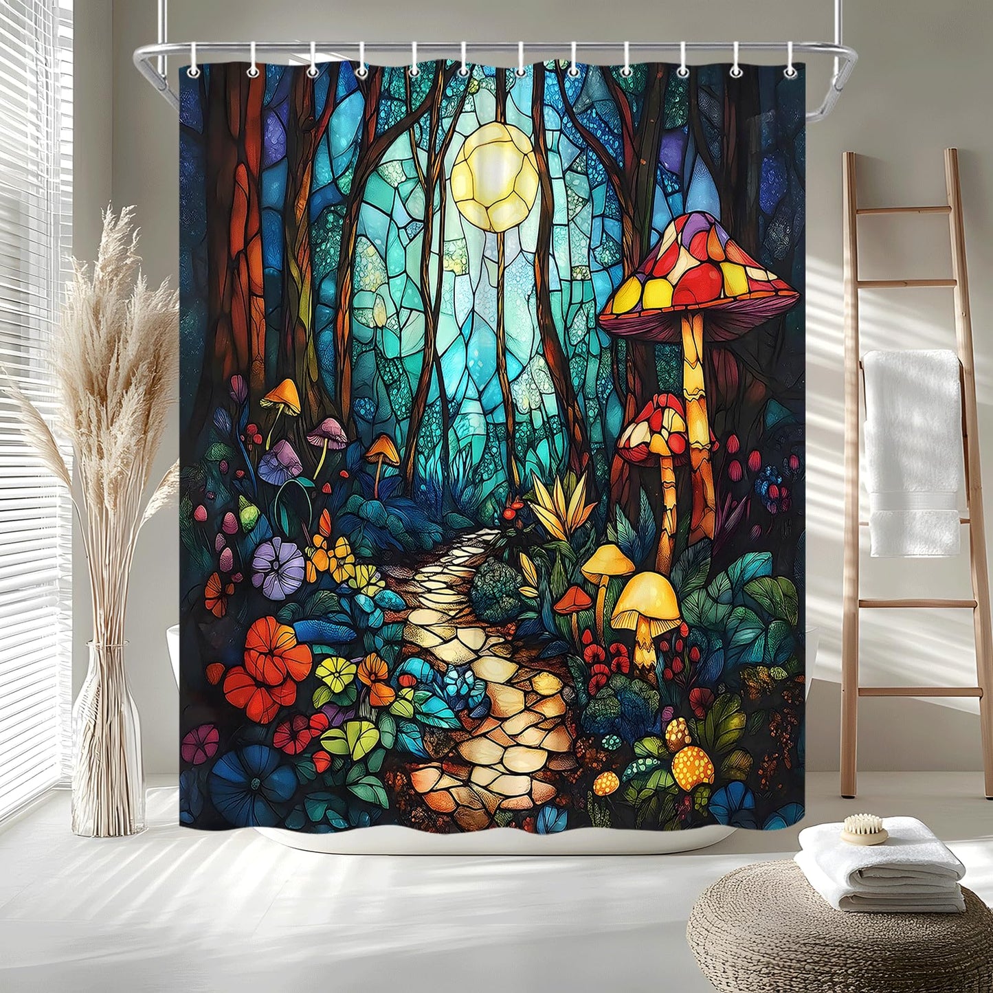 Fantasy Forest Shower Curtain Stained Glass Fairy Garden Mushroom Full Moon Wonderland Wood Tale Tree Magical Spring Floral Bath Curtain Fabric Bathroom Accessories Decor with Hooks (70.00"LX70.00"W)