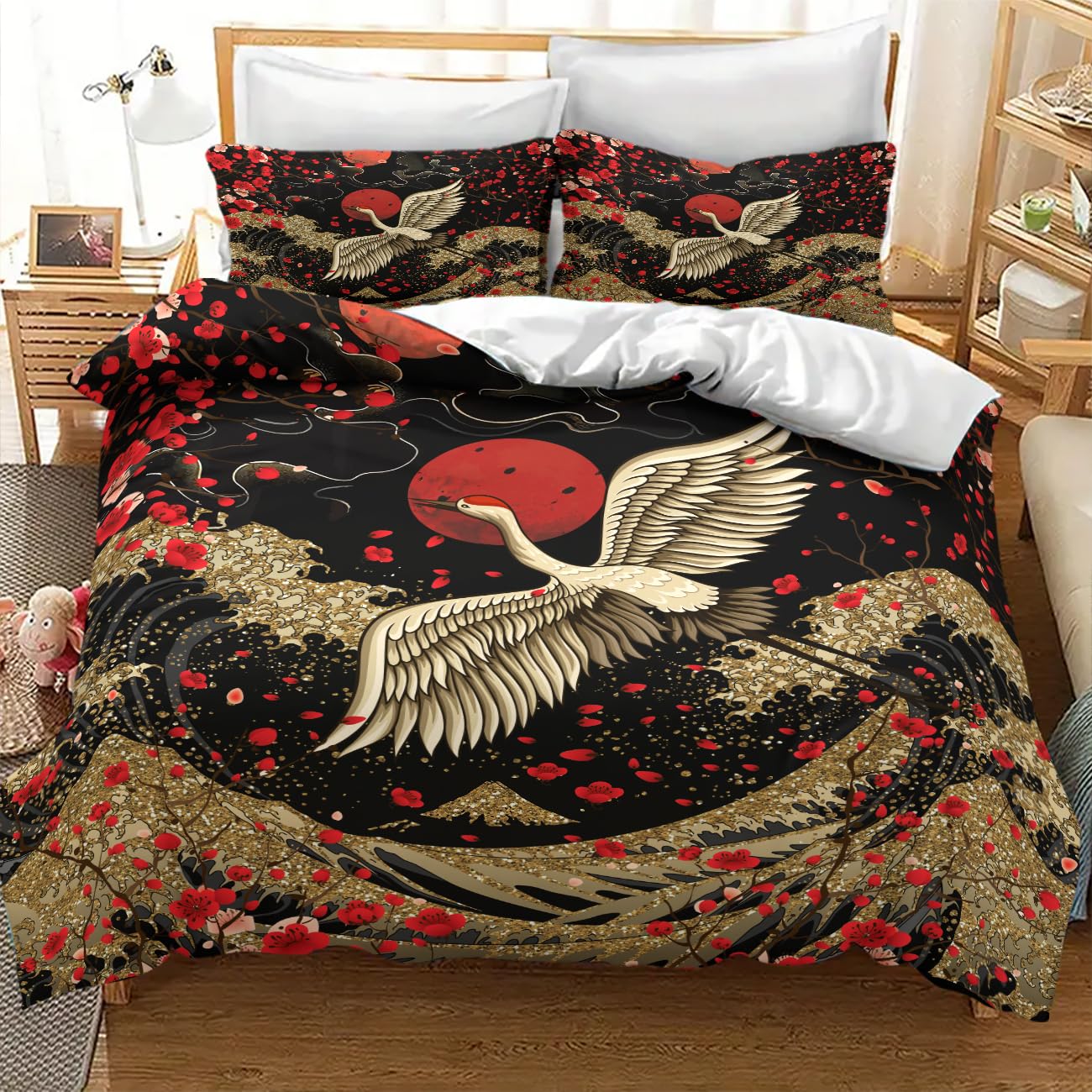 Lnepty Japanese Comforter Set,Red Plum Cherry Blossom Floral Asian Ink Painting Crane Gold Great Wave Japanese Style Bedding Set with Pillowcase for Bedroom Bed Decor,Twin 86"x70"