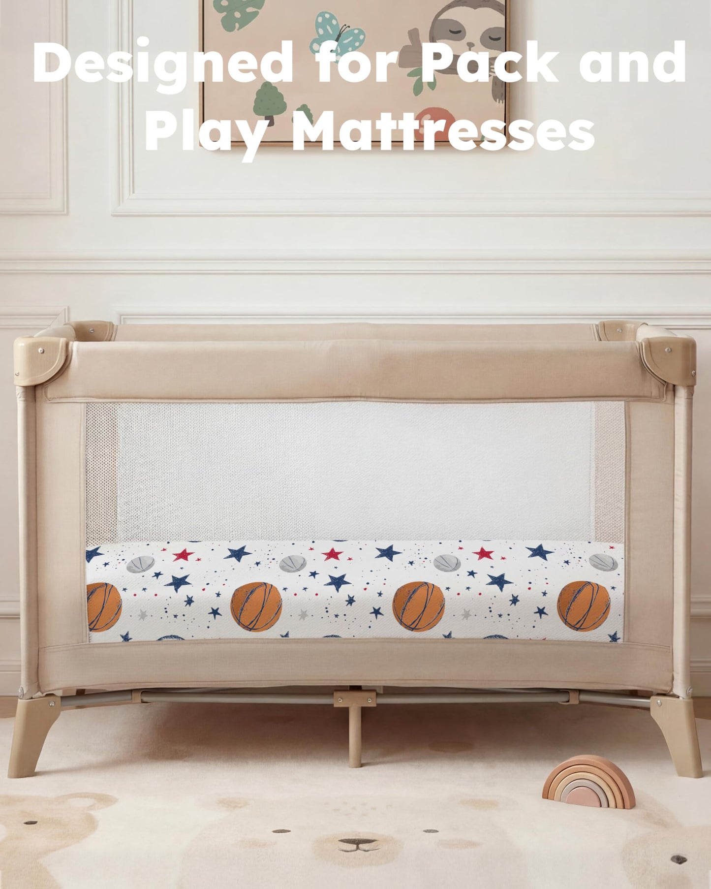 Nyessmee Pack and Play Sheets for Boys Girls, 38" x 26" Mini Crib Sheets Fitted for Pack n Play Mattress, Soft Breathable Playard Sheets, 2-Pack Blue Basketball