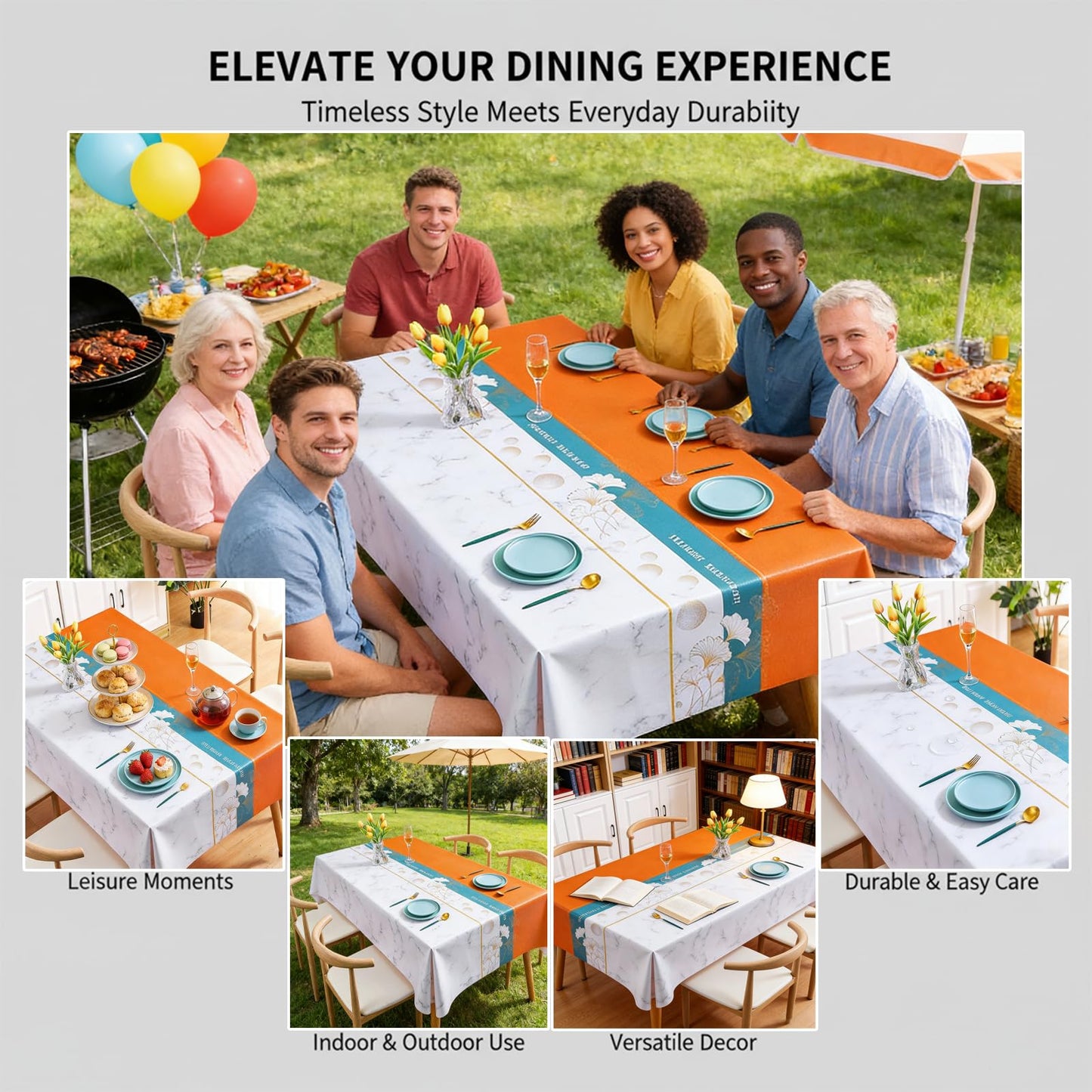 Qvthpv 55 * 70 inch Rectangle Tablecloth, Waterproof, oilproof and heatproof Functions，Just Wipe Gently and There's no Need for Washing for Dining Wedding and Outdoor (Ginkgo - Blue Orange)