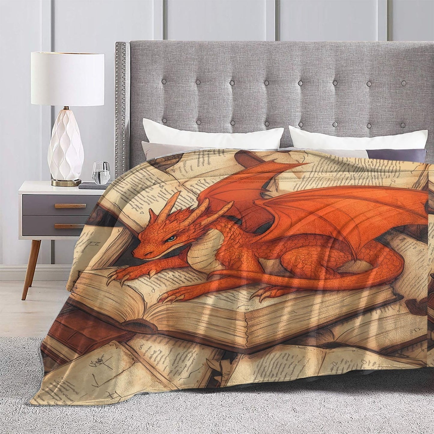 Dragon and Book Blanket Gifts for Kids Adults Boys Girls Lightweight Soft Flannel Majestic Animal Throw Blankets Cozy for Dragon Lovers Living Room Sofa Couch Bed Room All Season Decor 50x60in